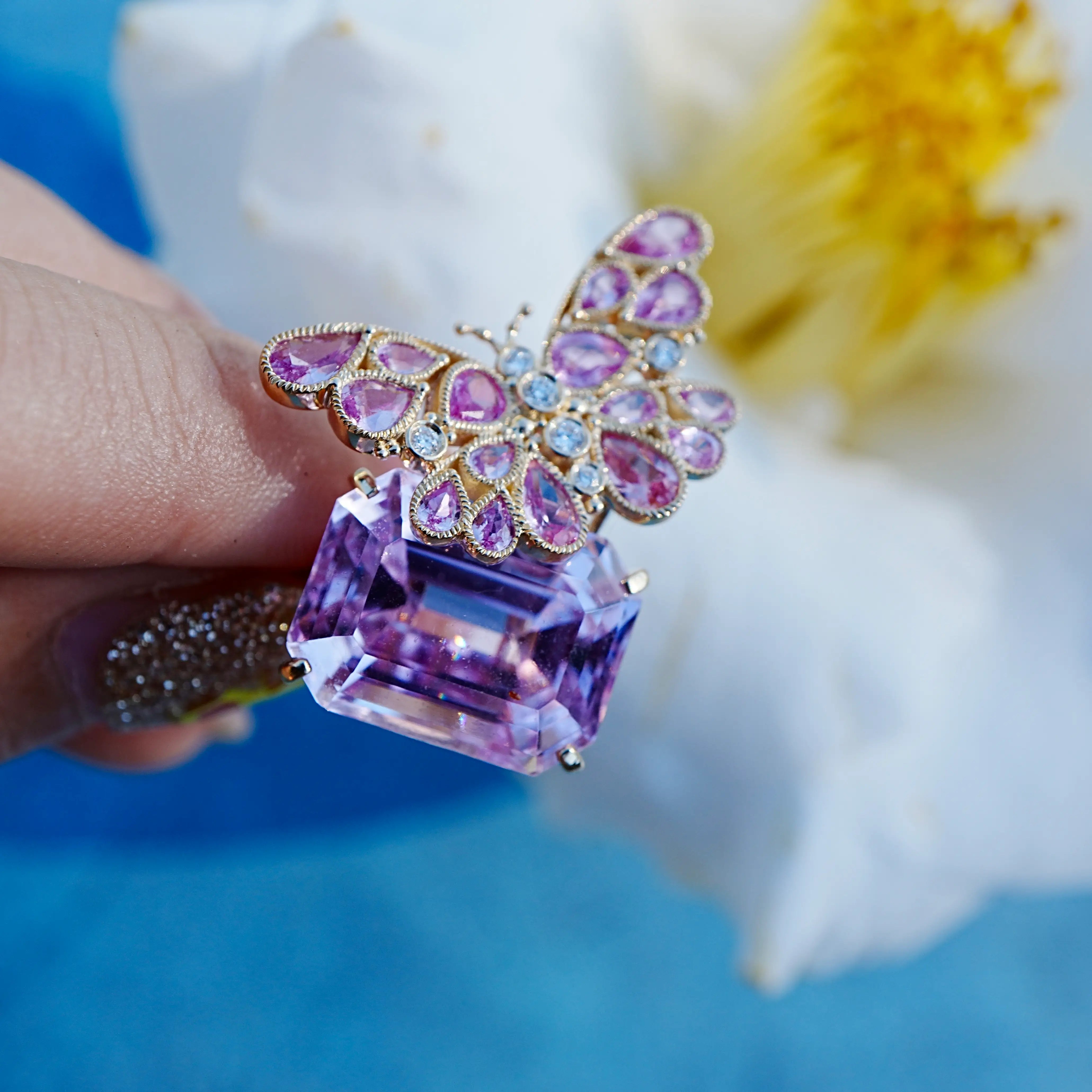 Nina Zhou Jewelry Natural Pink Sapphire Diamond Butterfly on Kunzite Ring in 14k yellow gold  (One Of A Kind)