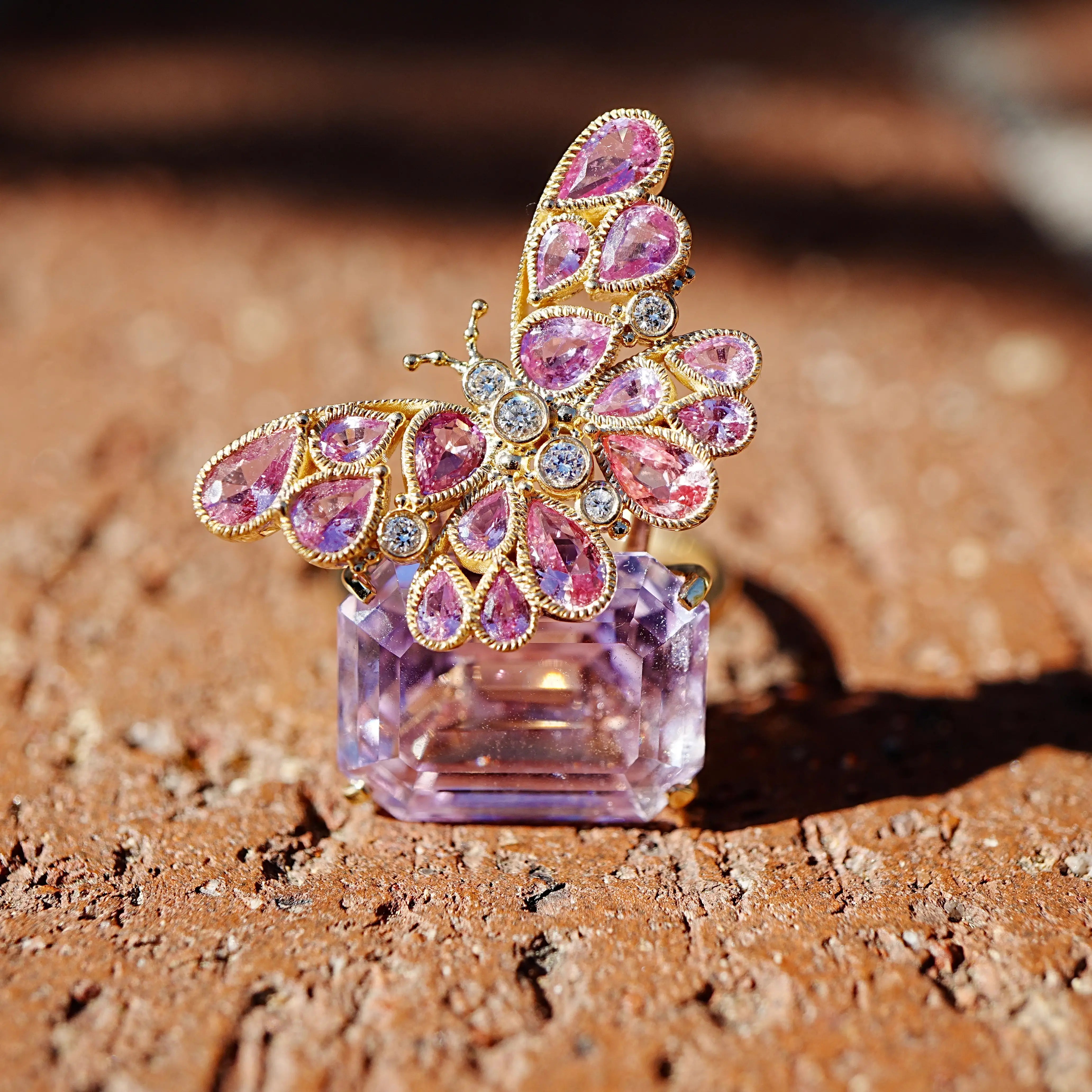 Nina Zhou Jewelry Natural Pink Sapphire Diamond Butterfly on Kunzite Ring in 14k yellow gold  (One Of A Kind)
