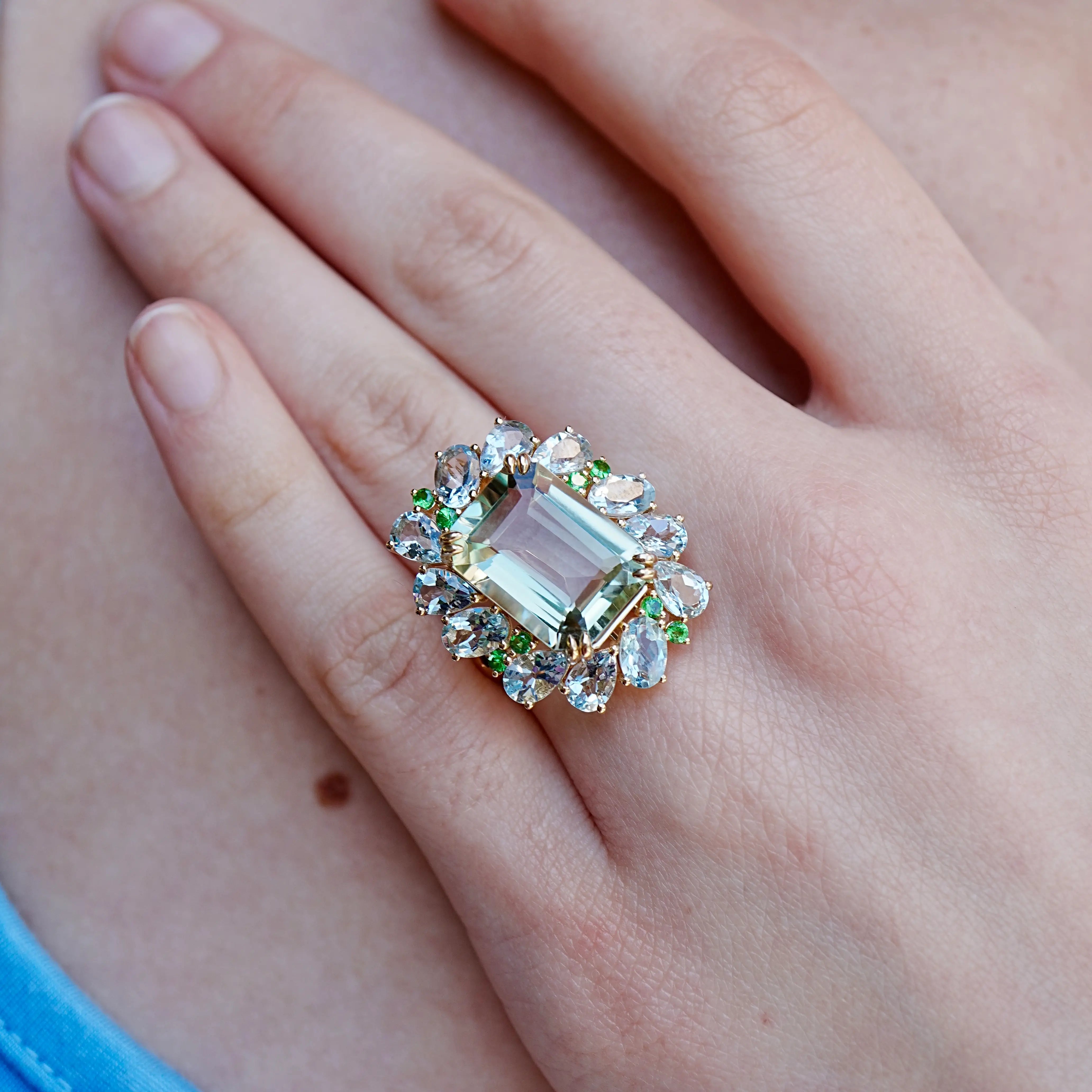 Nina Zhou Natural Margaret Prasiolite Aquamarine Tsavorite Cocktail Ring in 14k gold