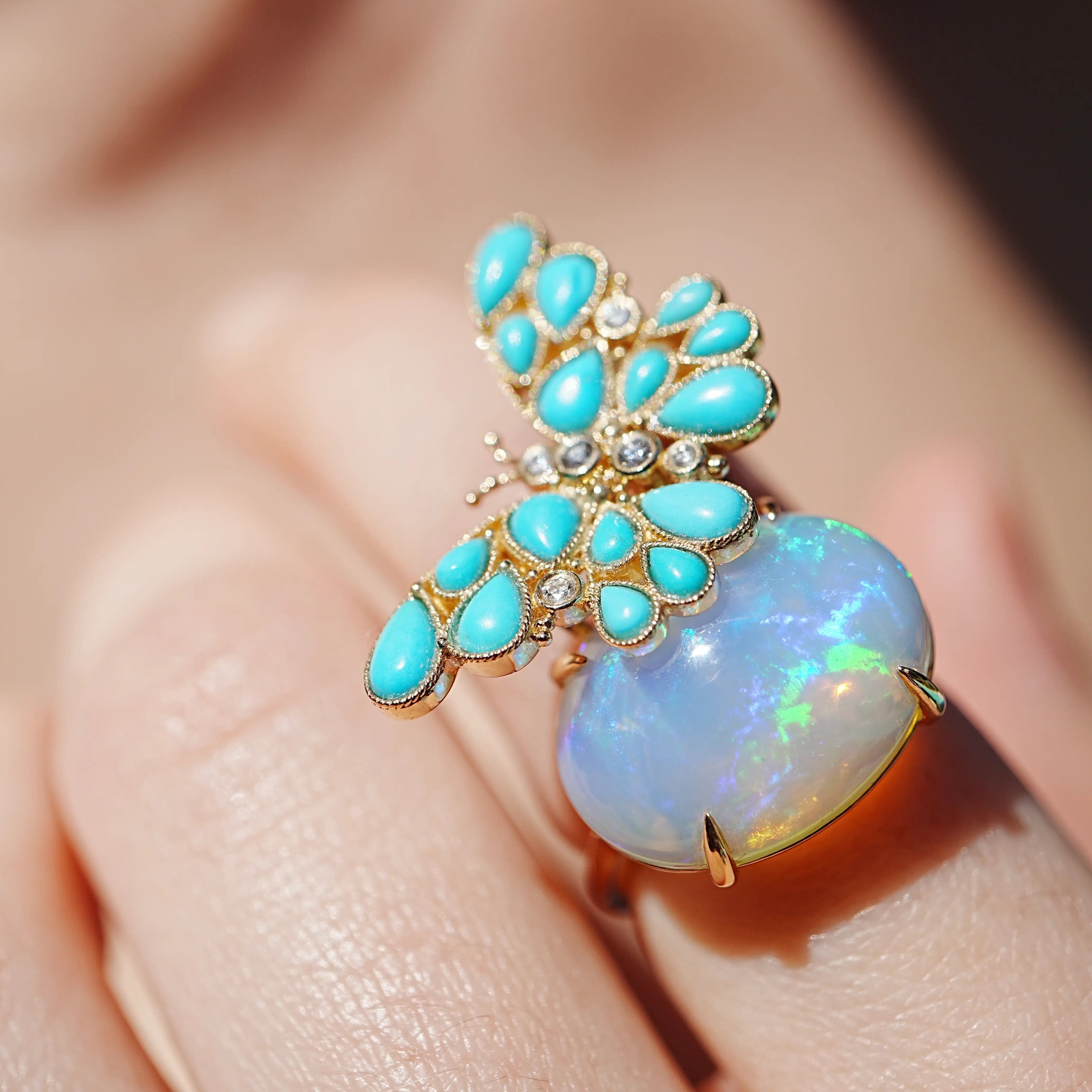Nina Zhou Jewelry One Of A Kind - Natural Turquoise Diamond Butterfly on Opal Ring in 14k yellow gold