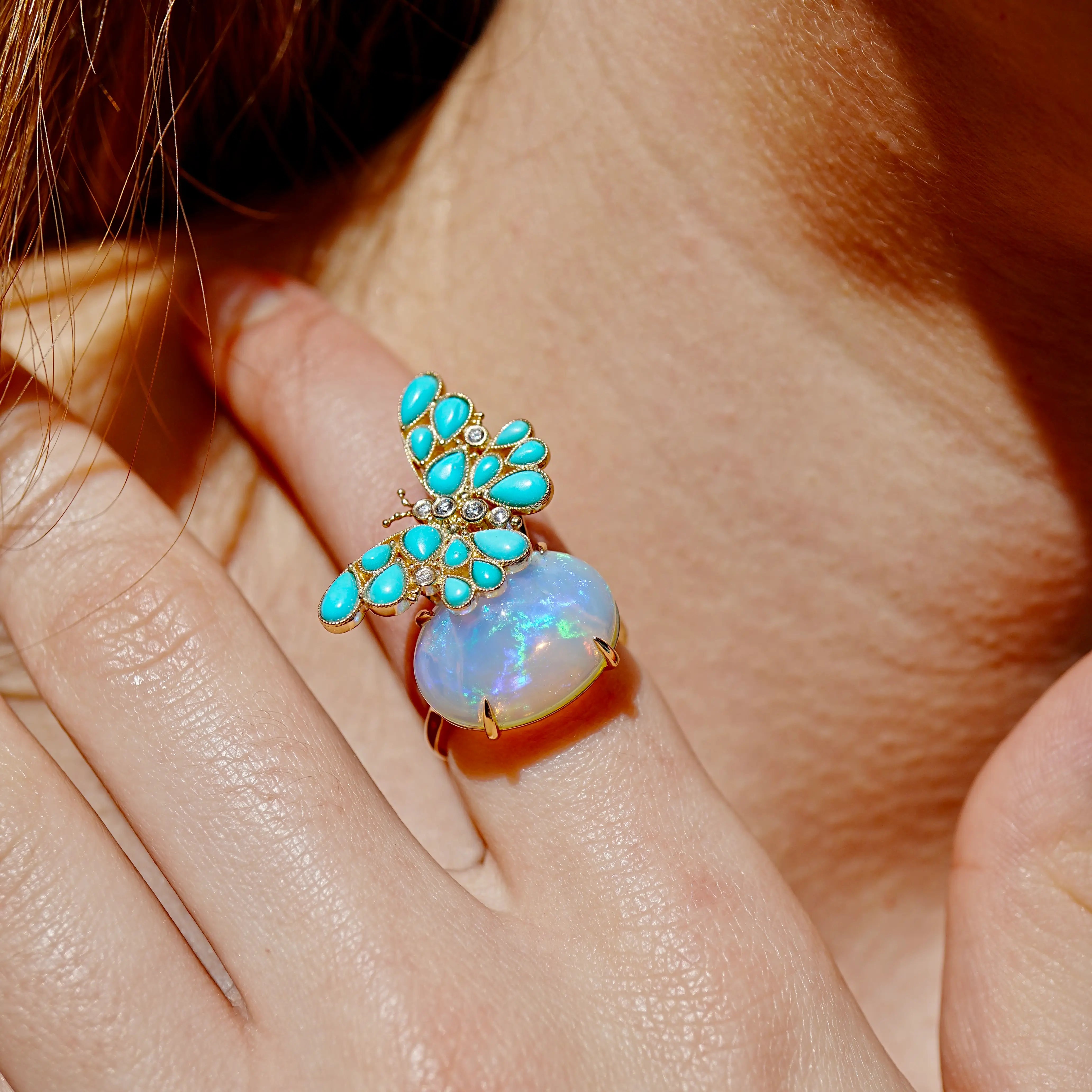 Nina Zhou Jewelry One Of A Kind - Natural Turquoise Diamond Butterfly on Opal Ring in 14k yellow gold