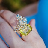 Nina Zhou Natural 13.50ctw Aquamarine & Diamond Butterfly on Lemon Quartz Convertible Brooch-Ring in 14k gold