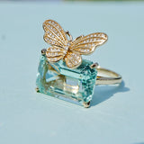 Nina Zhou One-of-a-kind Natural Diamond Butterfly on Natural Aquamarine Ring in 14K Yellow Gold, US 6
