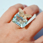 Nina Zhou One-of-a-kind Natural Diamond Butterfly on Natural Aquamarine Ring in 14K Yellow Gold, US 6