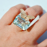 Nina Zhou One-of-a-kind Natural Diamond Butterfly on Natural Aquamarine Ring in 14K Yellow Gold, US 6