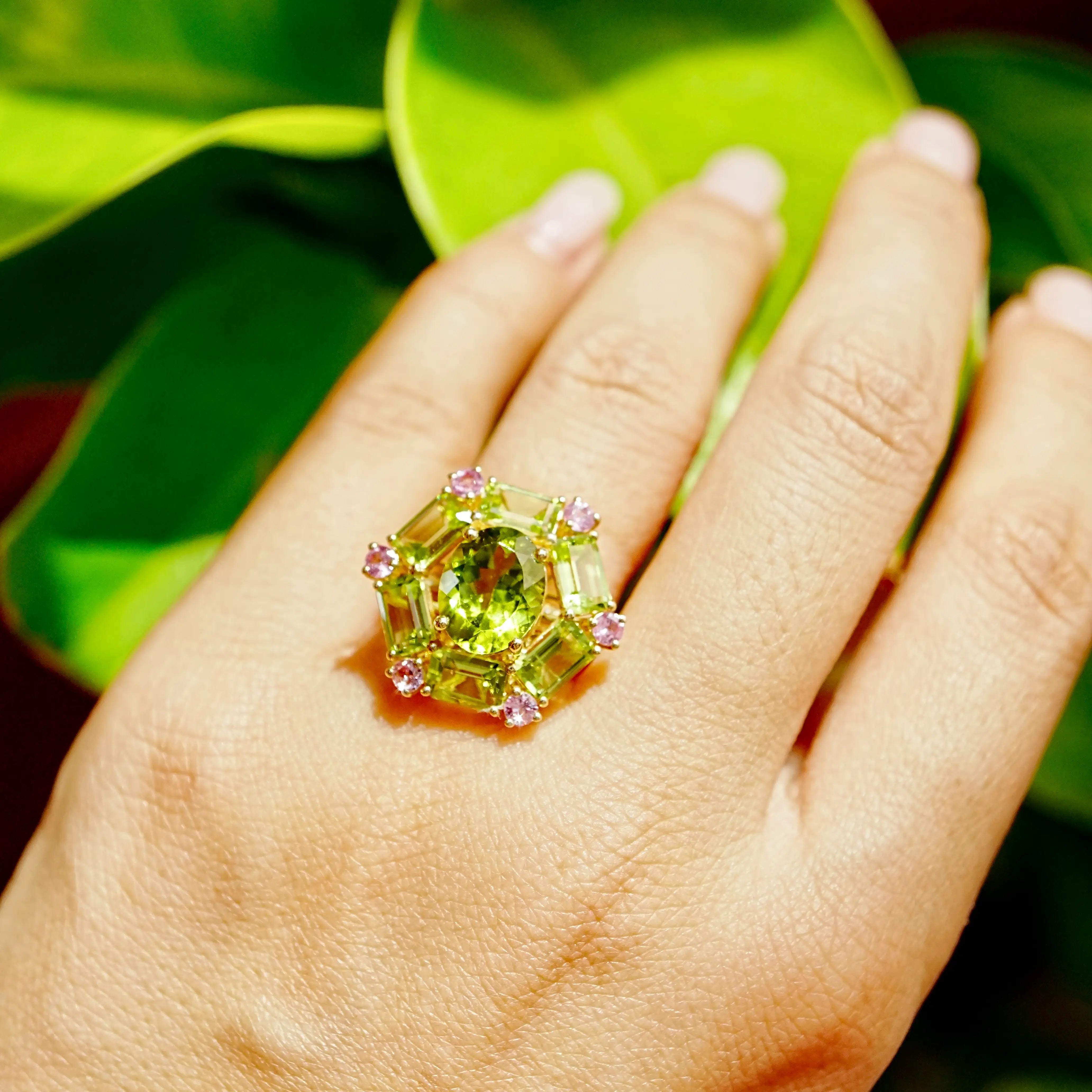 Nina Zhou Natural Margaret 7.20ctw Peridot & Pink Sapphire Cocktail Ring in 14k gold 