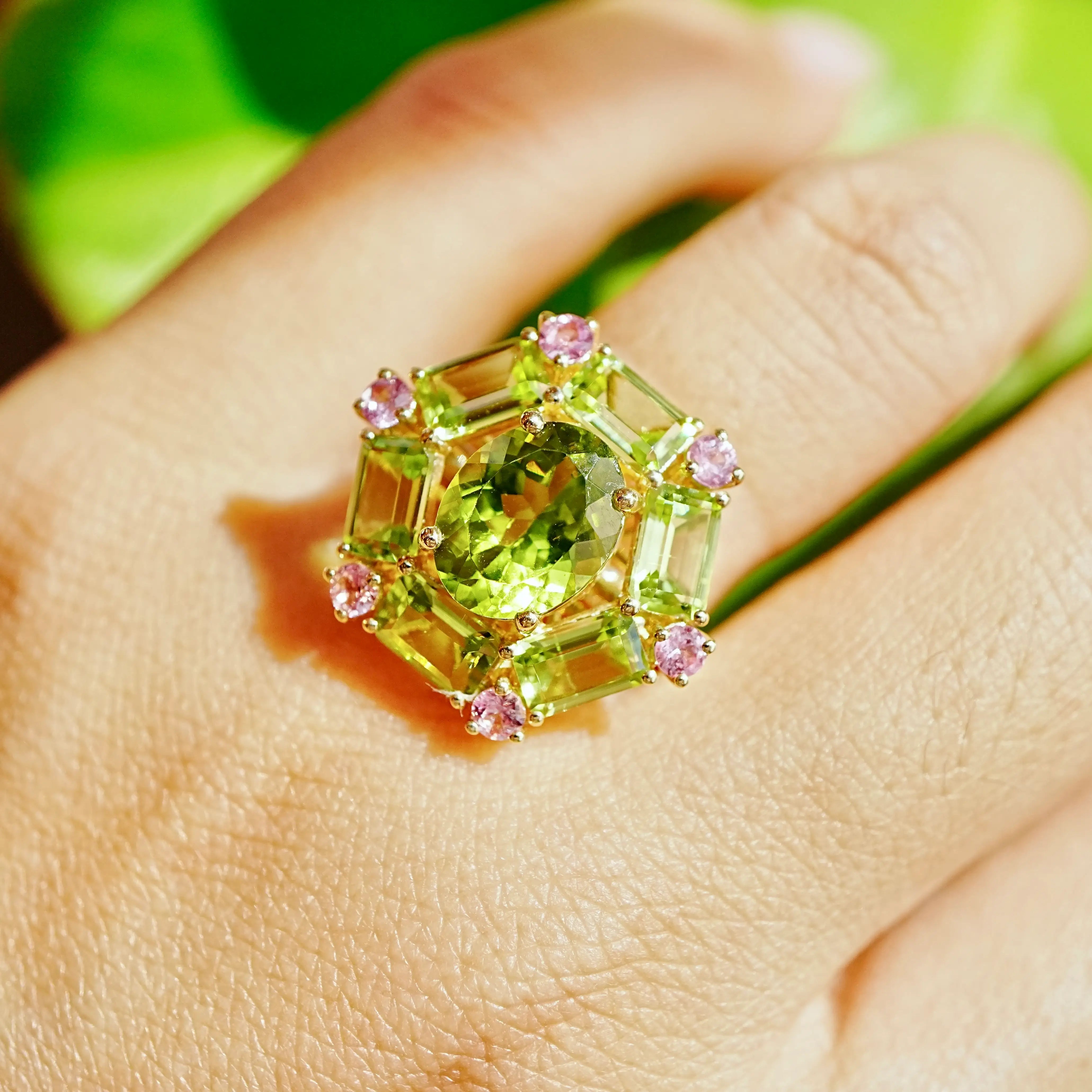 Nina Zhou Natural Margaret 7.20ctw Peridot & Pink Sapphire Cocktail Ring in 14k gold 