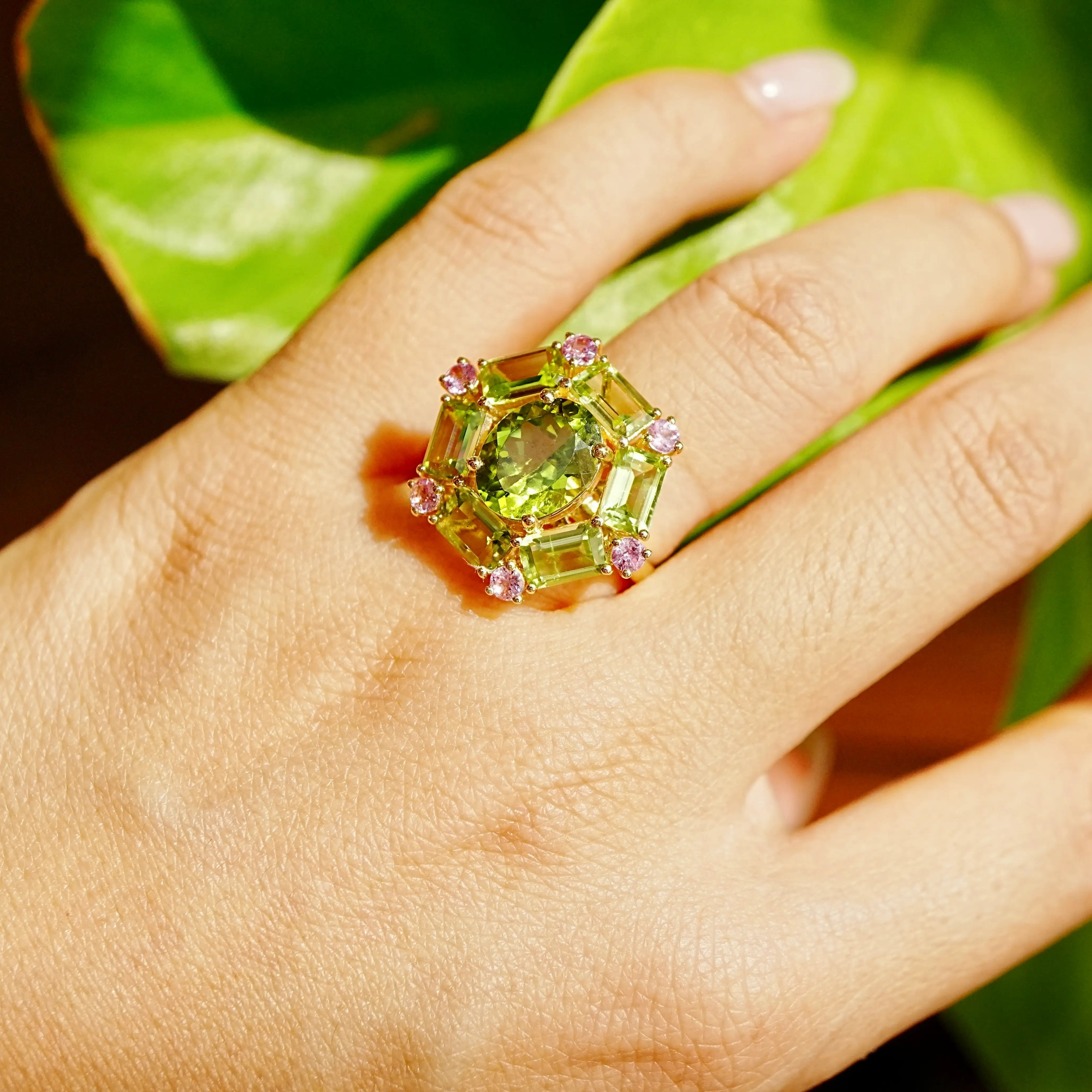 Nina Zhou Natural Margaret 7.20ctw Peridot & Pink Sapphire Cocktail Ring in 14k gold 