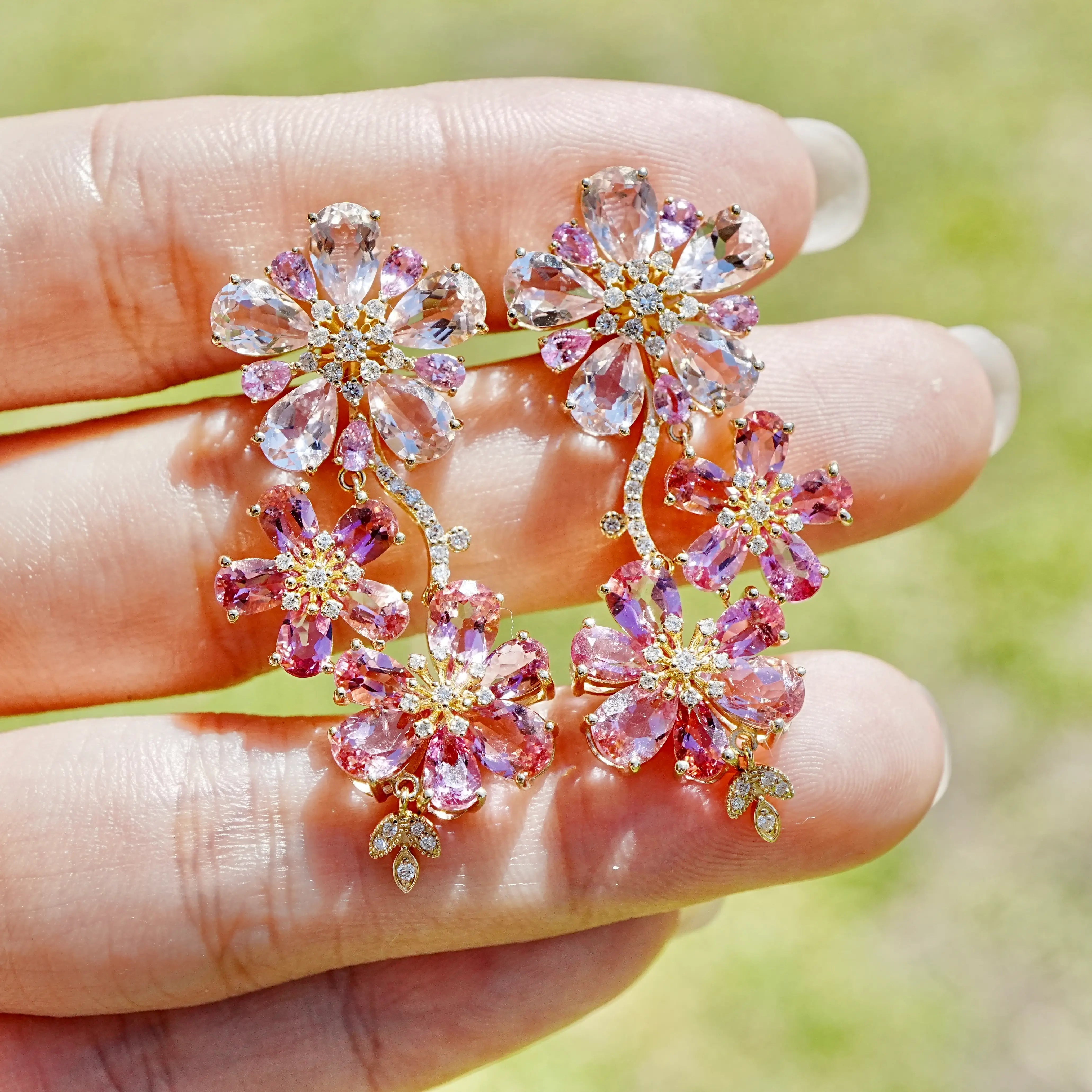 nina zhou Island Blossoms natural Pink Morganite, Sapphrie, Tourmaline & Diamond Drop Earrings in 14k gold