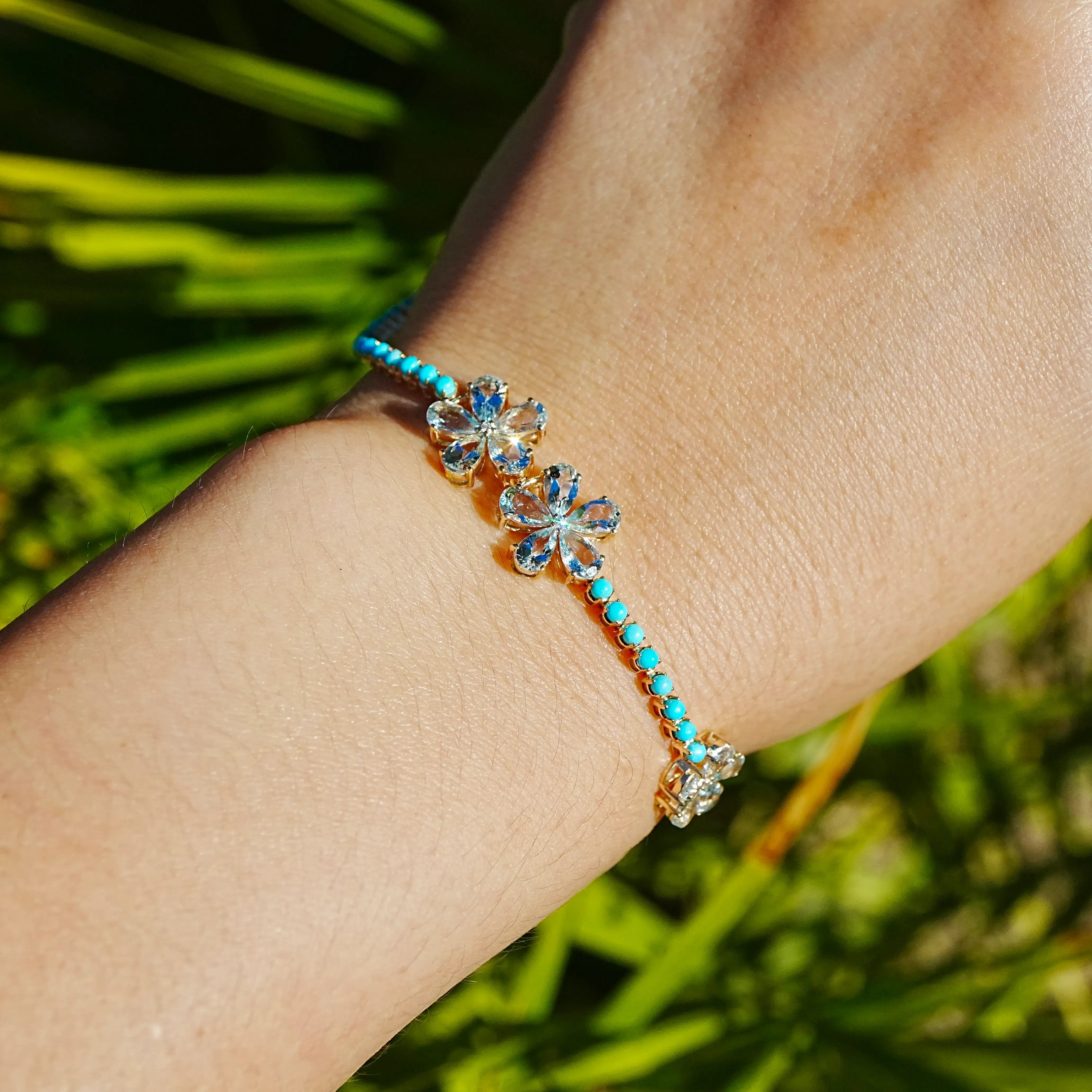 Blossom Natural Aquamarine  & sleeping beauty Turquoise Diamond Bracelet in 14k yellow gold