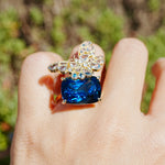 Natural Aquamarine & Diamond Butterfly on 13.4ctw London Blue Topaz Cocktail Ring in 14k yellow gold