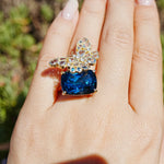Natural Aquamarine & Diamond Butterfly on 13.4ctw London Blue Topaz Cocktail Ring in 14k yellow gold