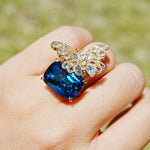 Natural Aquamarine & Diamond Butterfly on 13.4ctw London Blue Topaz Cocktail Ring in 14k yellow gold