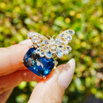 Natural Aquamarine & Diamond Butterfly on 13.4ctw London Blue Topaz Cocktail Ring in 14k yellow gold