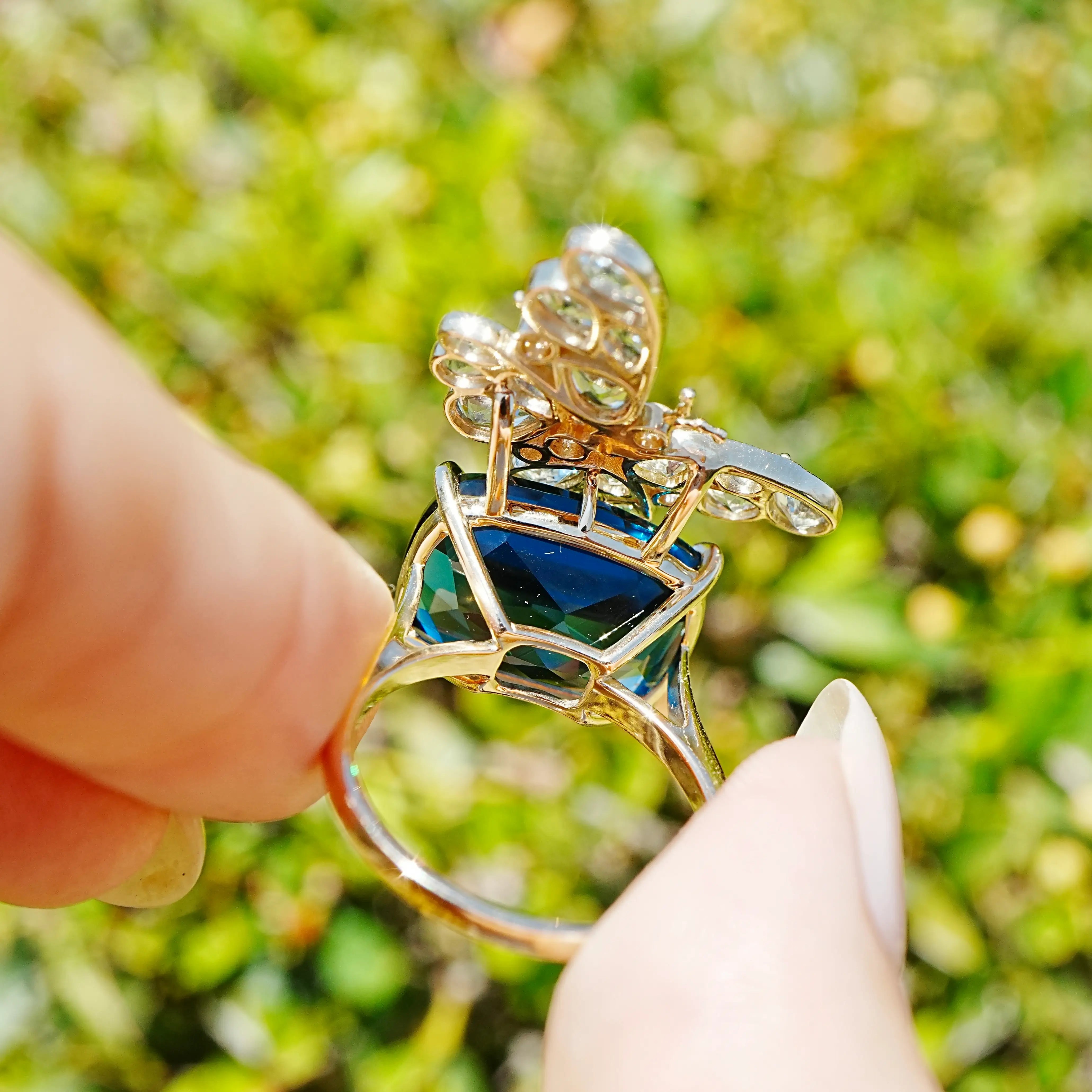 Natural Aquamarine & Diamond Butterfly on 13.4ctw London Blue Topaz Cocktail Ring in 14k yellow gold
