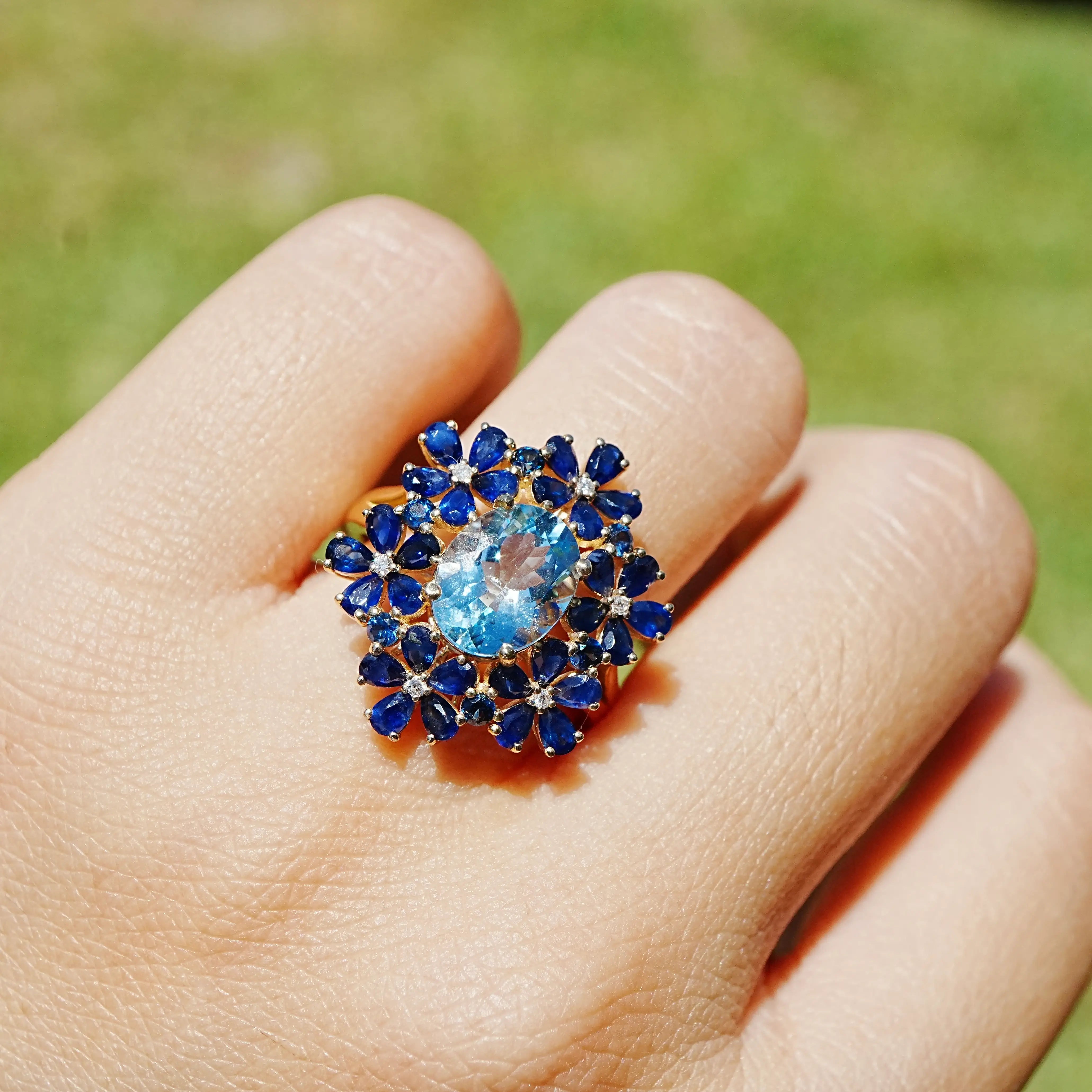 14k yellow gold natural Aquamarine Sapphire Diamond Blossom Cocktail Ring