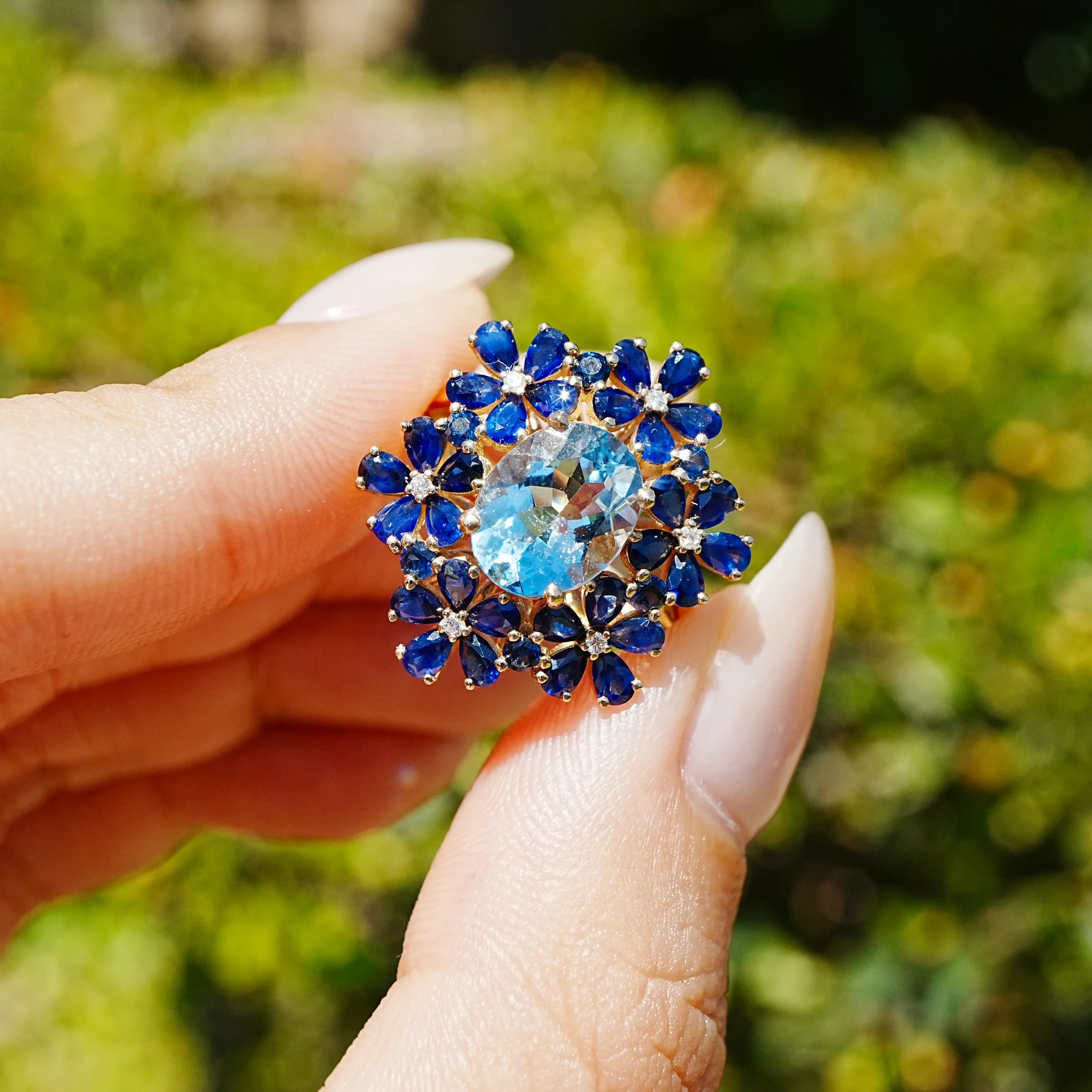 14k yellow gold natural Aquamarine Sapphire Diamond Blossom Cocktail Ring