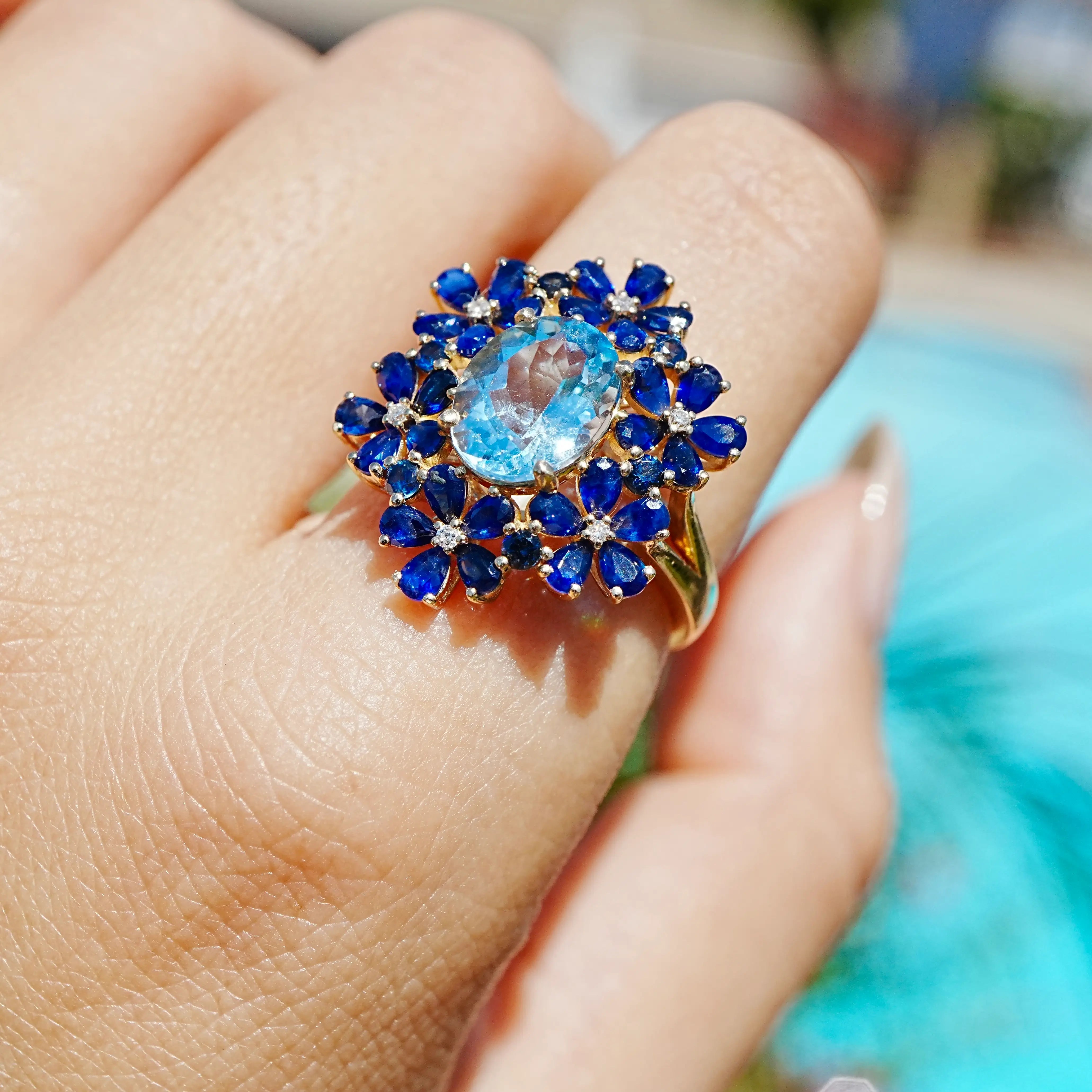 14k yellow gold natural Aquamarine Sapphire Diamond Blossom Cocktail Ring