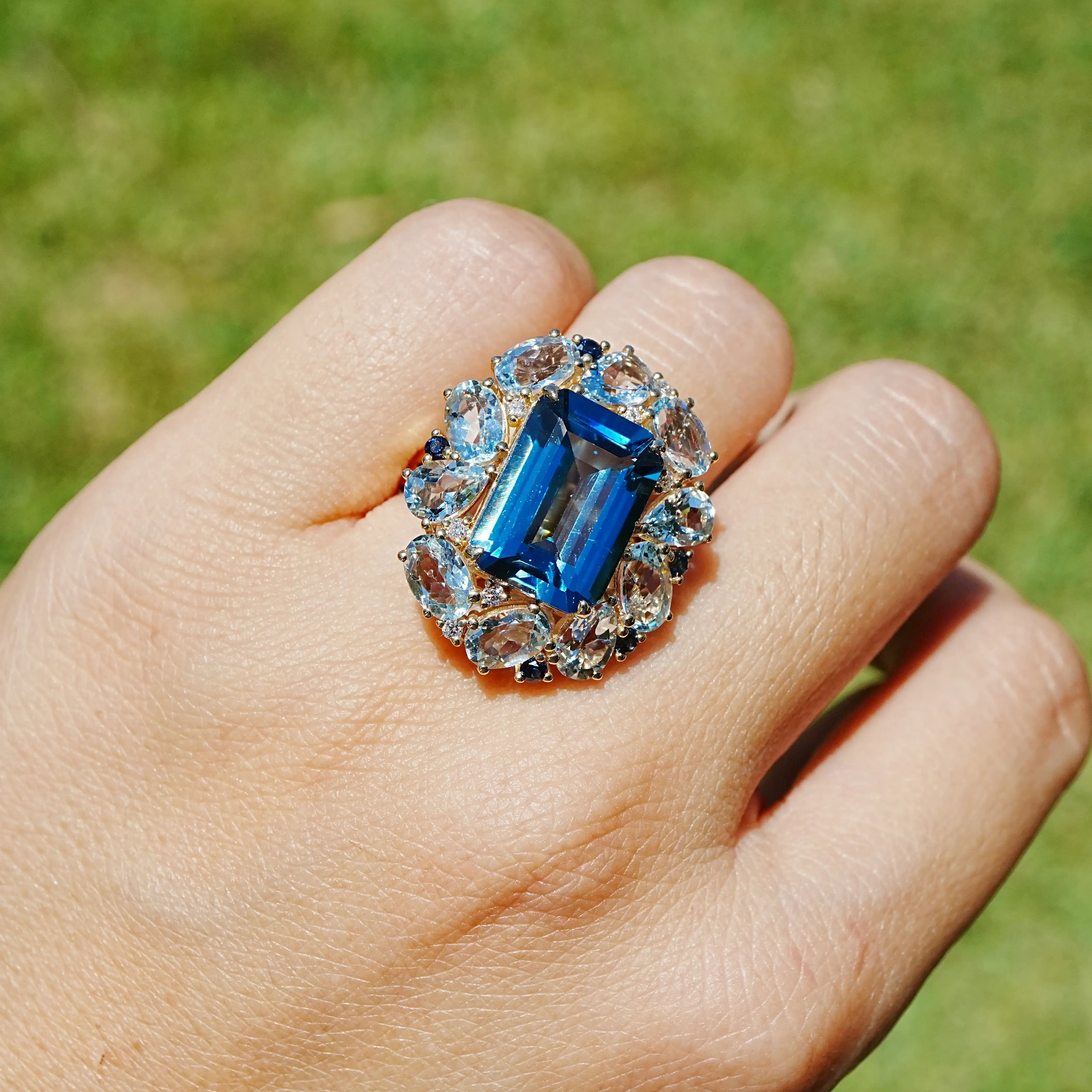 14k yellow gold Margeret London Blue Topaz Aquamarine Sapphire Cocktail Ring