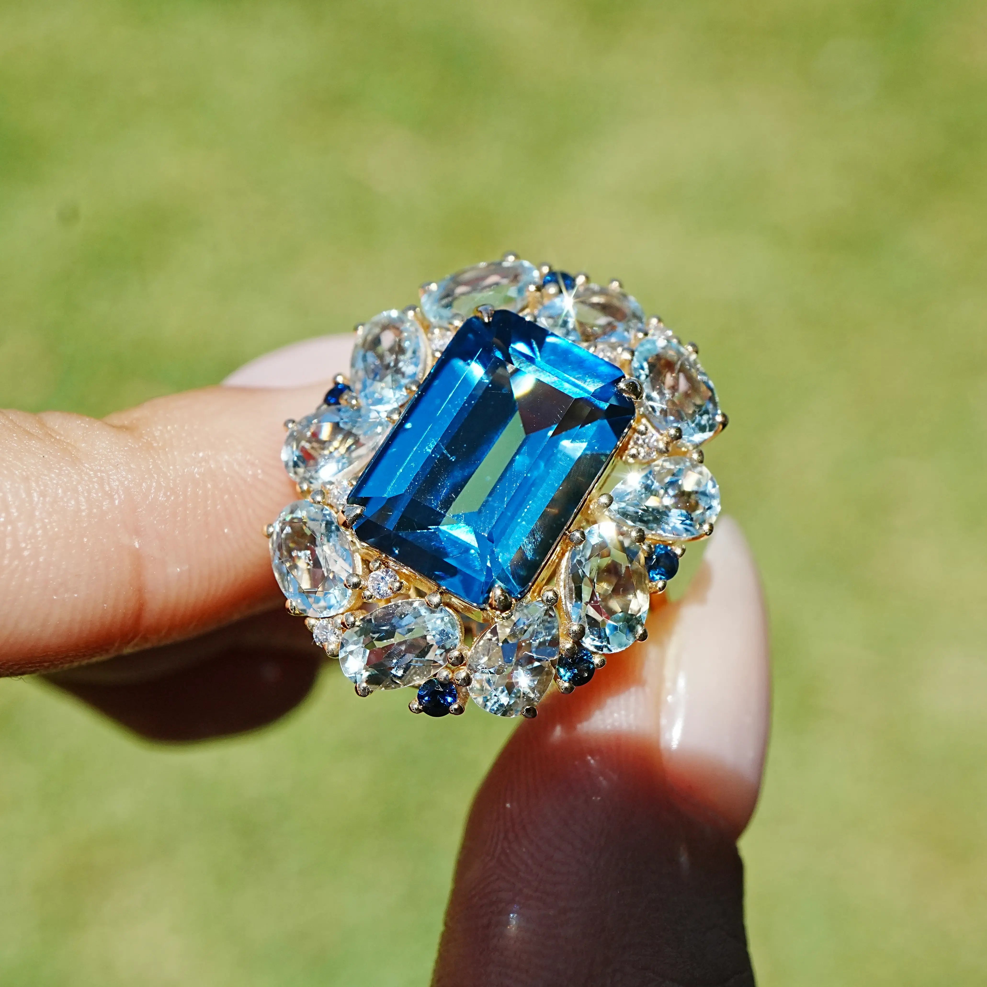 14k yellow gold Margeret London Blue Topaz Aquamarine Sapphire Cocktail Ring