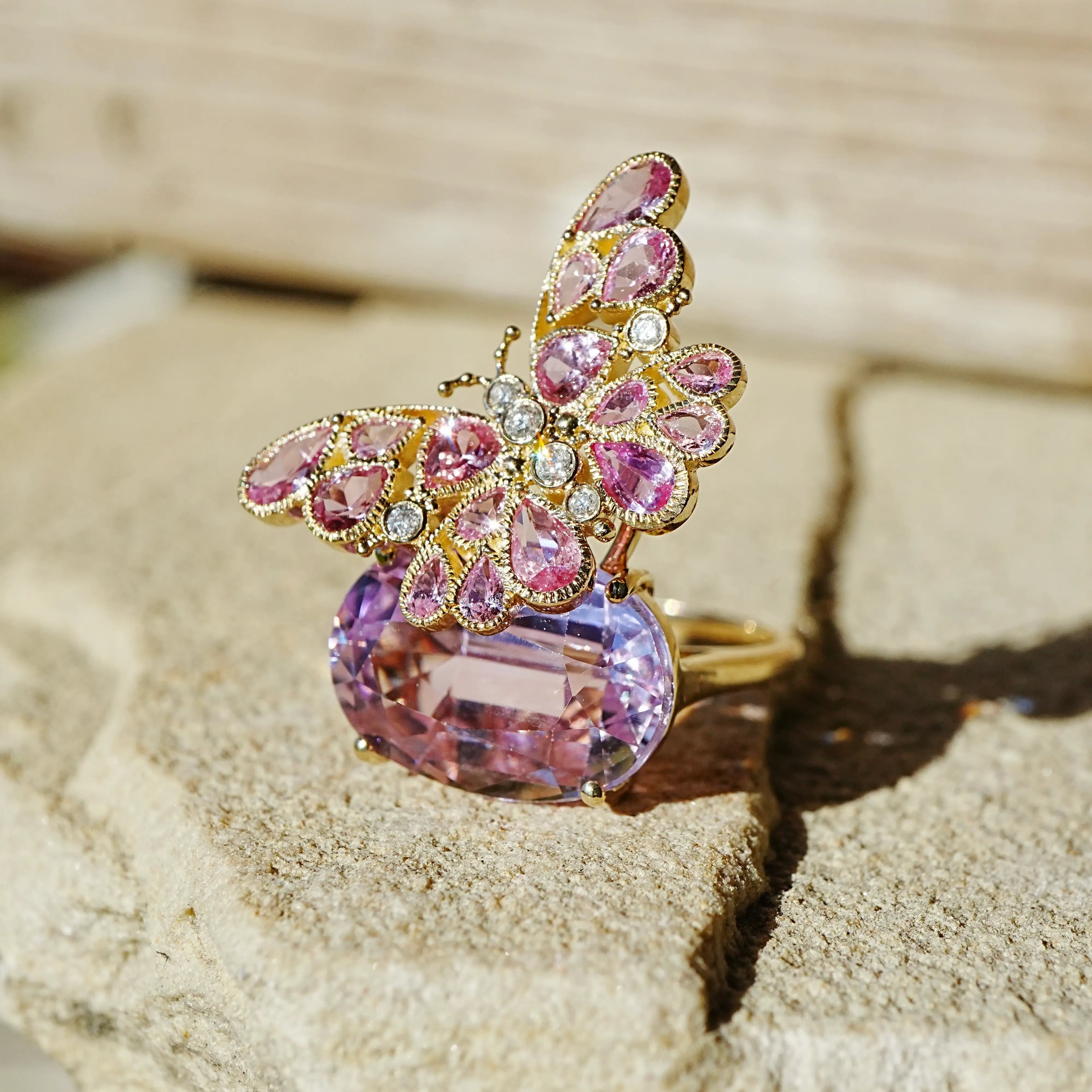 14k yellow gold  Nina Zhou x Kai Butterfly on Rock 13.89 ctw Natural Kunzite, Pink Sapphire & Diamond Ring (One-of-a-Kind)