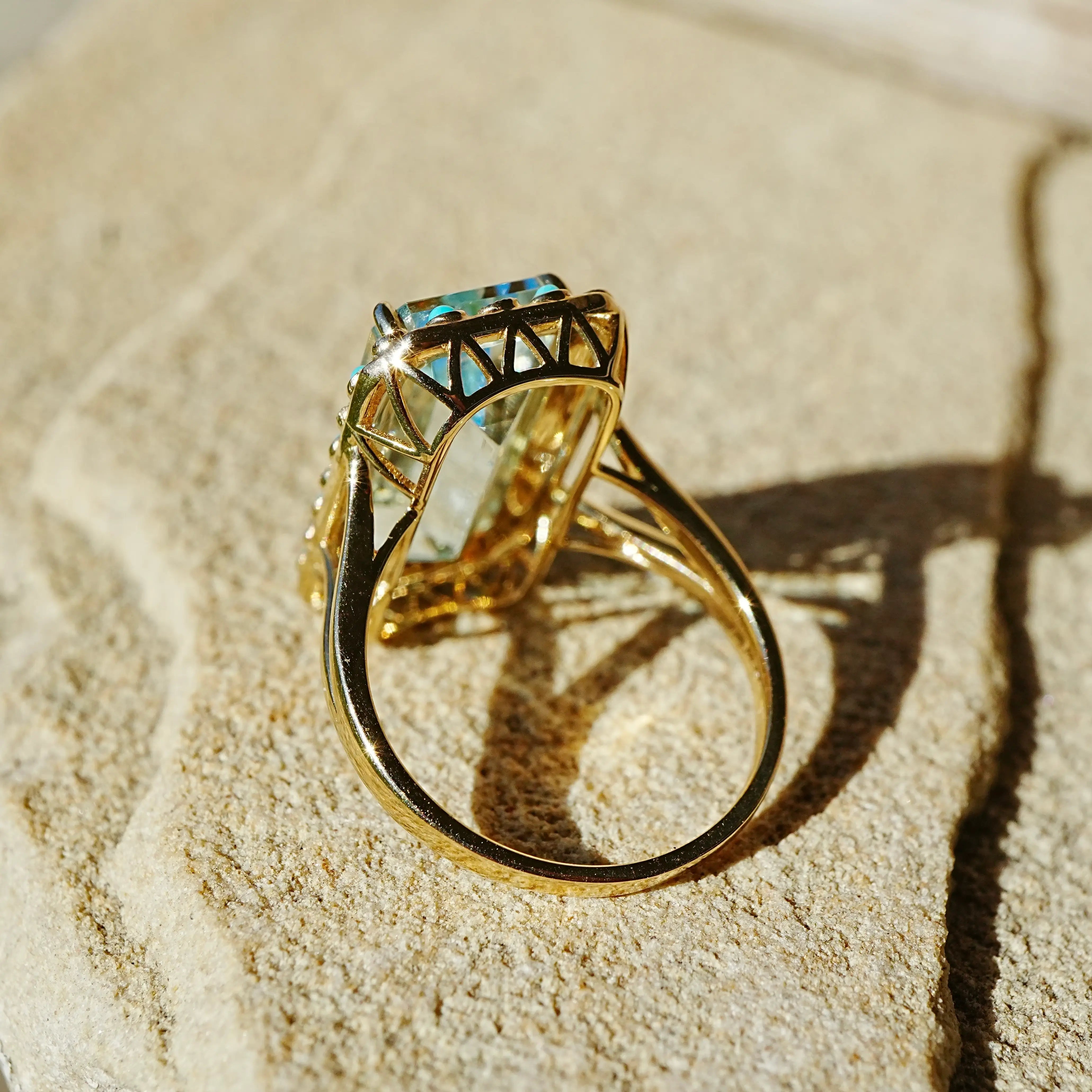 14k yellow gold Nina Zhou x Kai Tidal Laguna 7.62 ctw Guild Certified Natural Aquamarine, Turquoise & Diamond Ring (One-of-a-Kind)