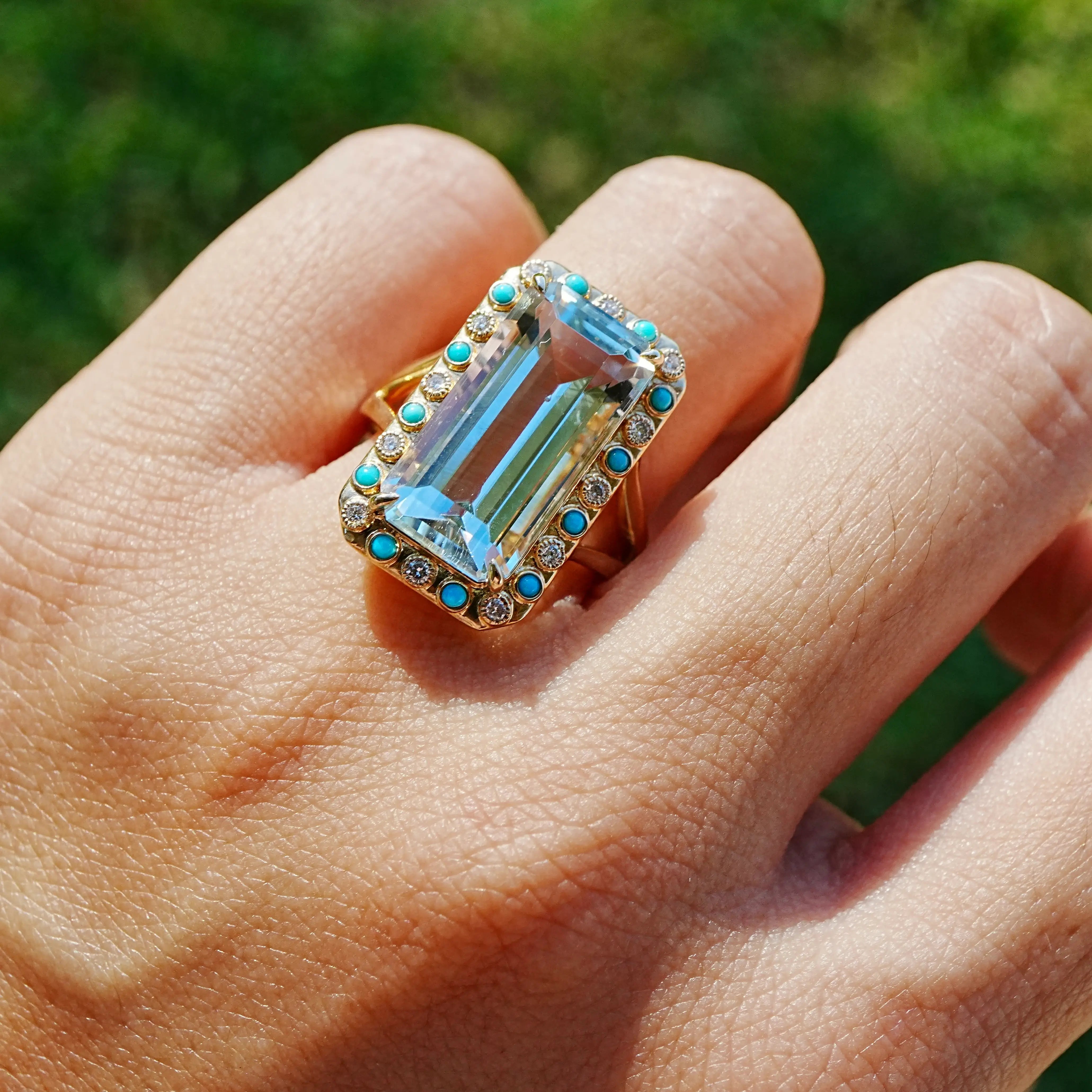 14k yellow gold Nina Zhou x Kai Tidal Laguna 7.62 ctw Guild Certified Natural Aquamarine, Turquoise & Diamond Ring (One-of-a-Kind)