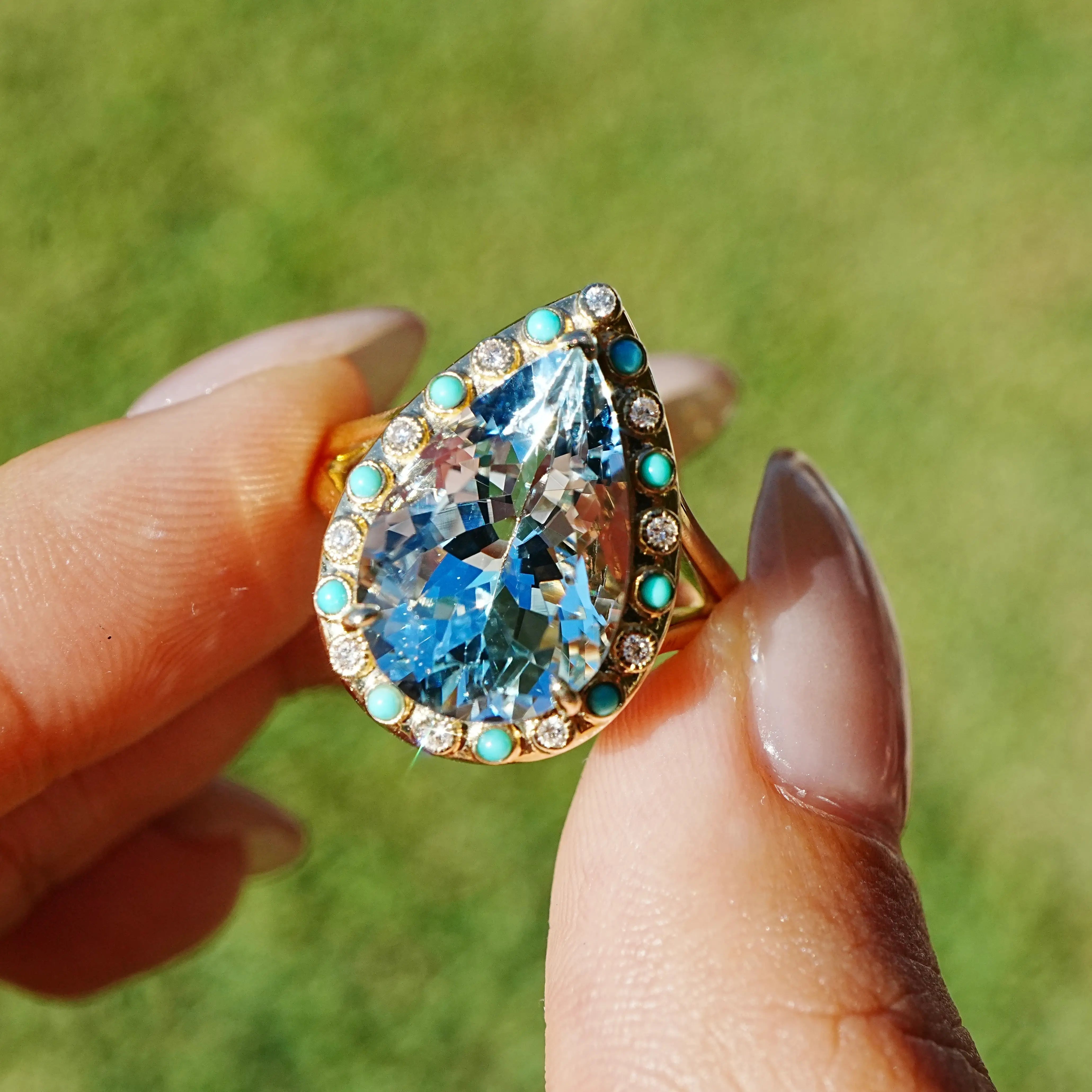 14k yellow gold Nina Zhou x Kai Tidal Laguna 5.86 ctw AIGS Certified Natural Aquamarine, Turquoise & Diamond Ring (One-of-a-Kind)
