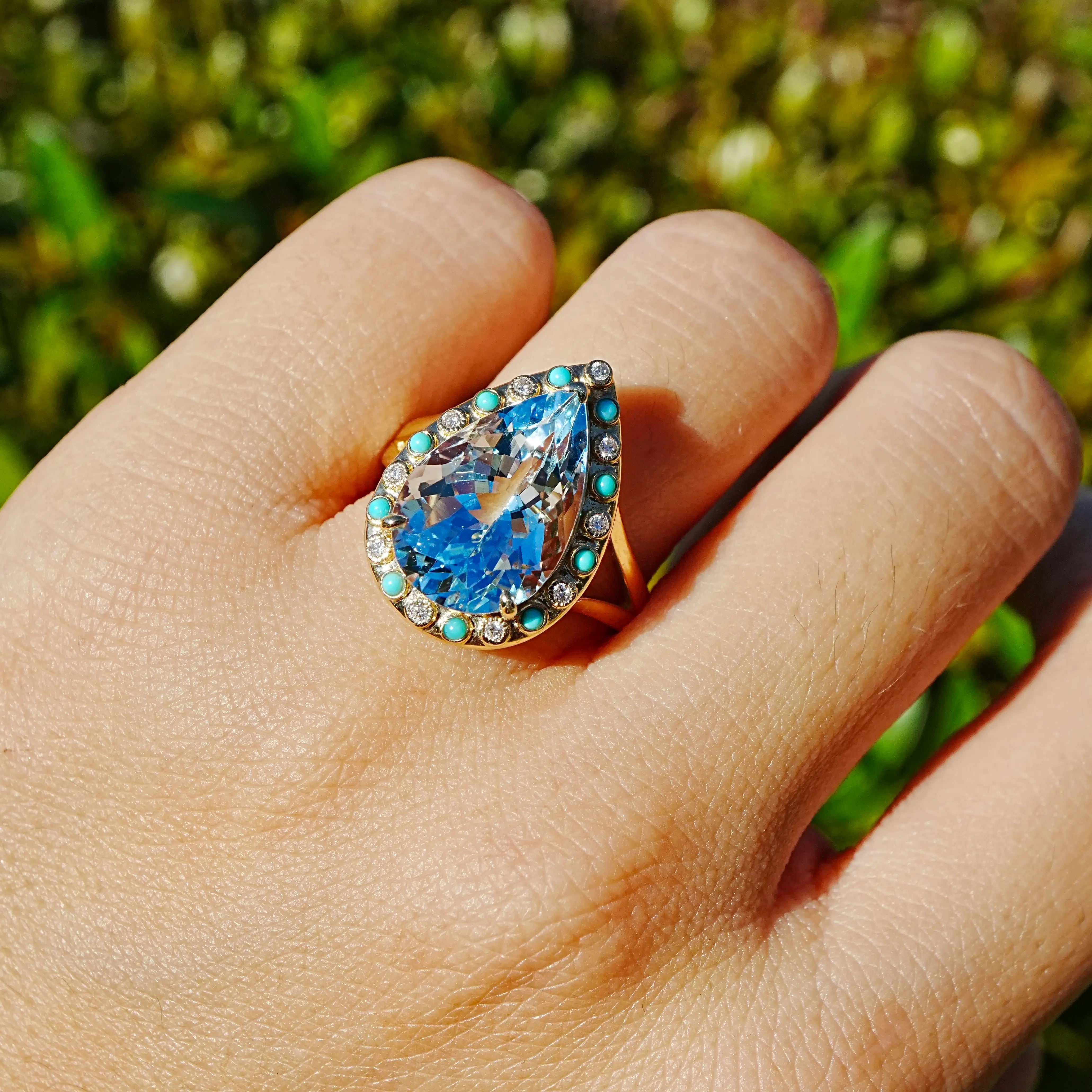 14k yellow gold Nina Zhou x Kai Tidal Laguna 5.86 ctw AIGS Certified Natural Aquamarine, Turquoise & Diamond Ring (One-of-a-Kind)