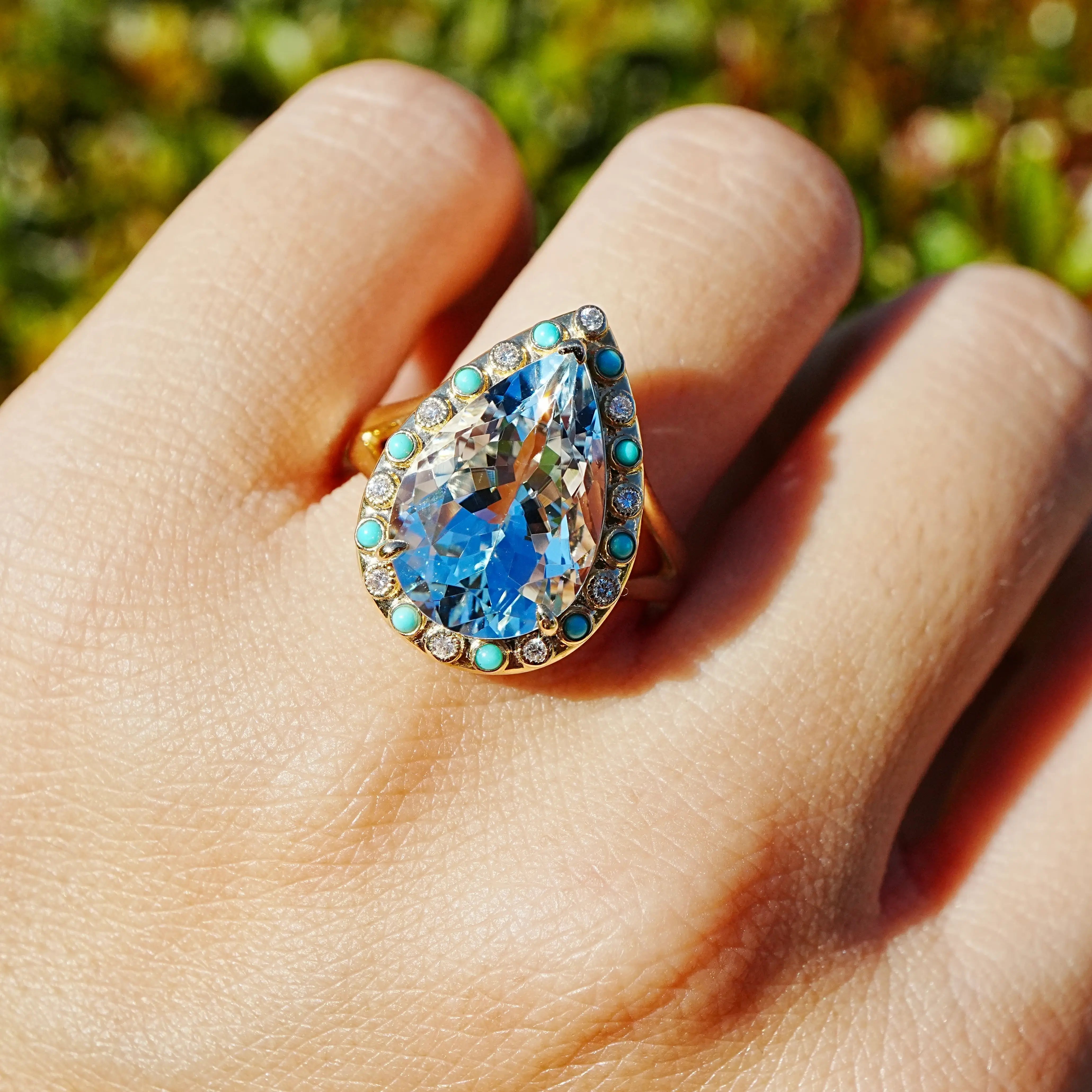 14k yellow gold Nina Zhou x Kai Tidal Laguna 5.86 ctw AIGS Certified Natural Aquamarine, Turquoise & Diamond Ring (One-of-a-Kind)