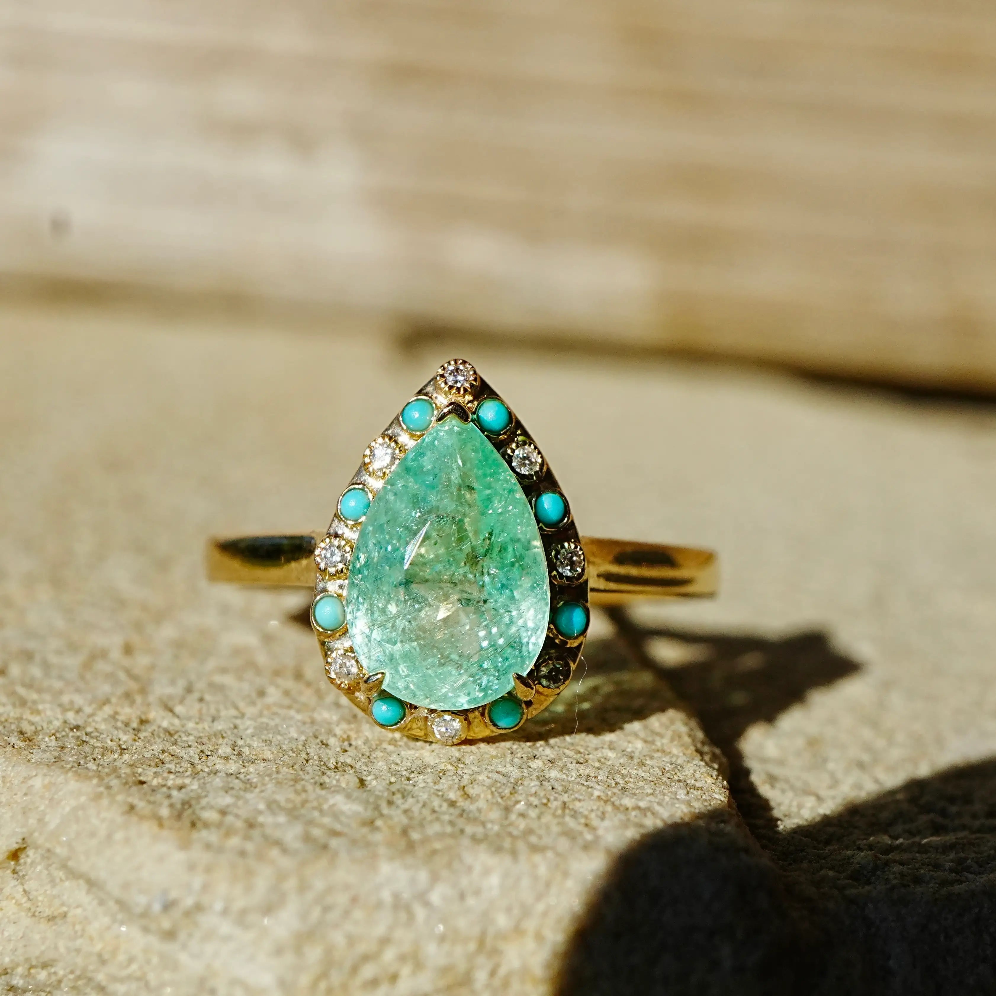 14k yellow gold Nina Zhou x Kai Tidal Laguna 2.41 ctw AIGS Certified Natural Paraiba Tourmaline, Turquoise & Diamond Ring (One-of-a-Kind)