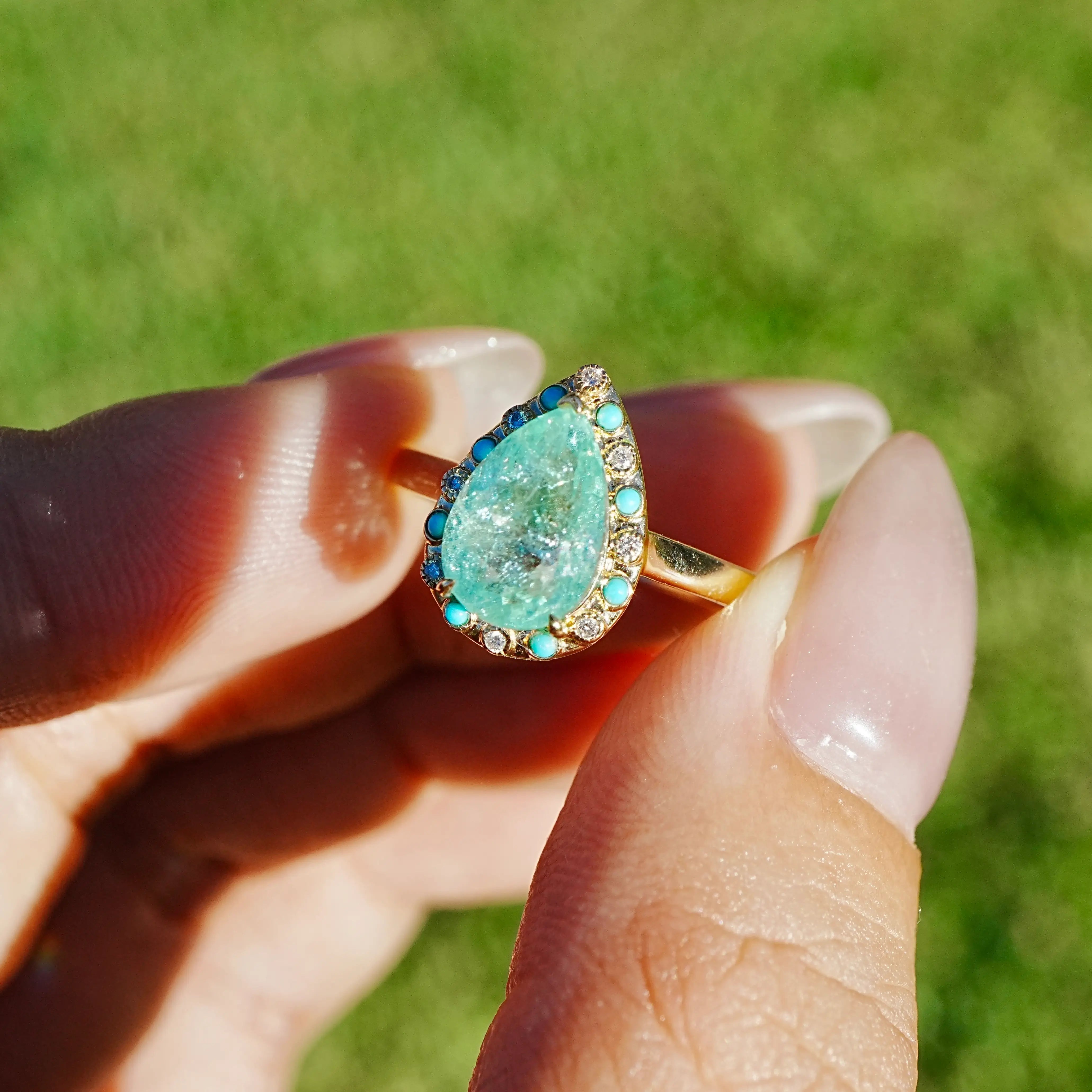 14k yellow gold Nina Zhou x Kai Tidal Laguna 2.41 ctw AIGS Certified Natural Paraiba Tourmaline, Turquoise & Diamond Ring (One-of-a-Kind)