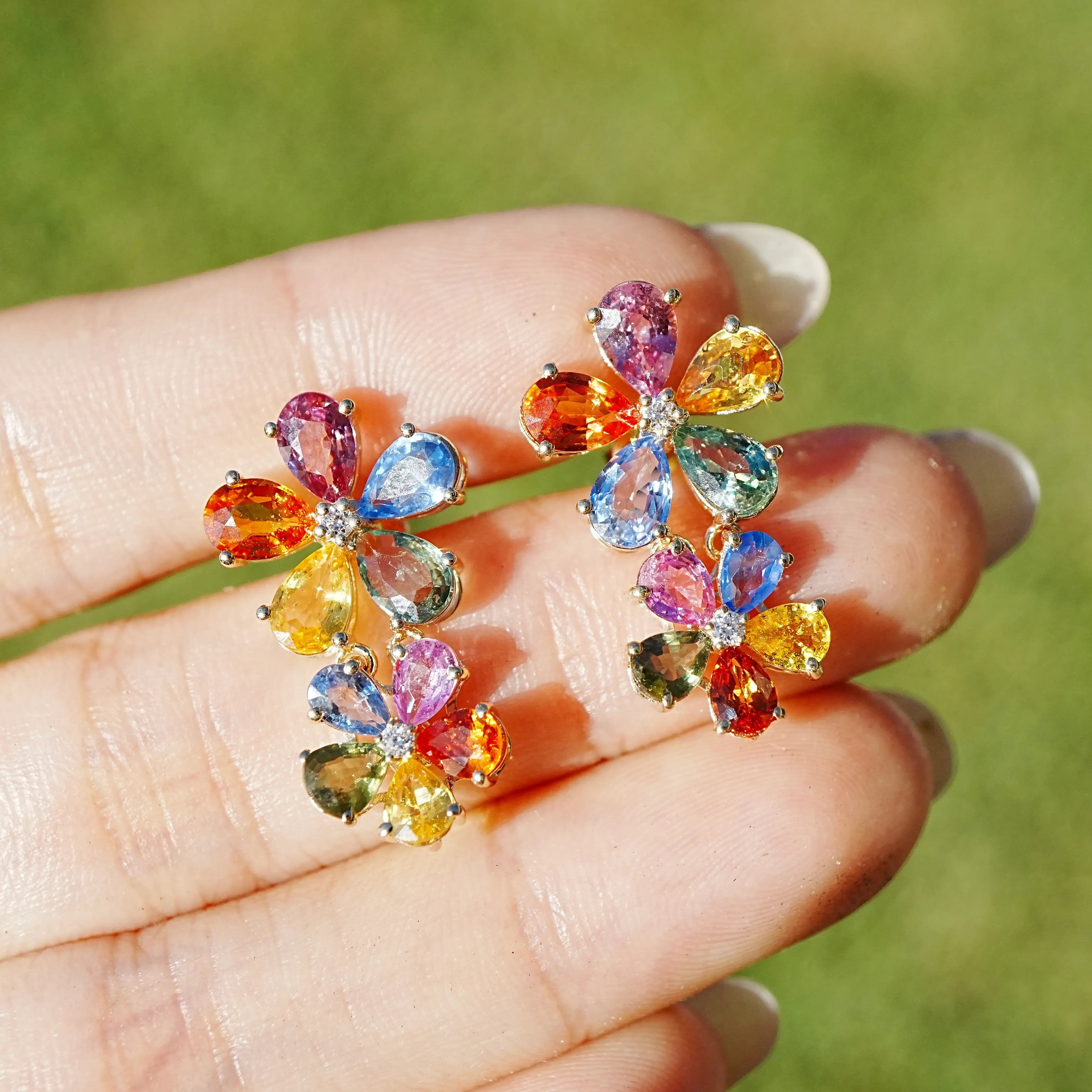 14k yellow gold Nina Zhou x Kai Double Blossom 7.04 ctw Natural Rainbow Sapphire & Diamond Drop Earrings (One-of-a-Kind)