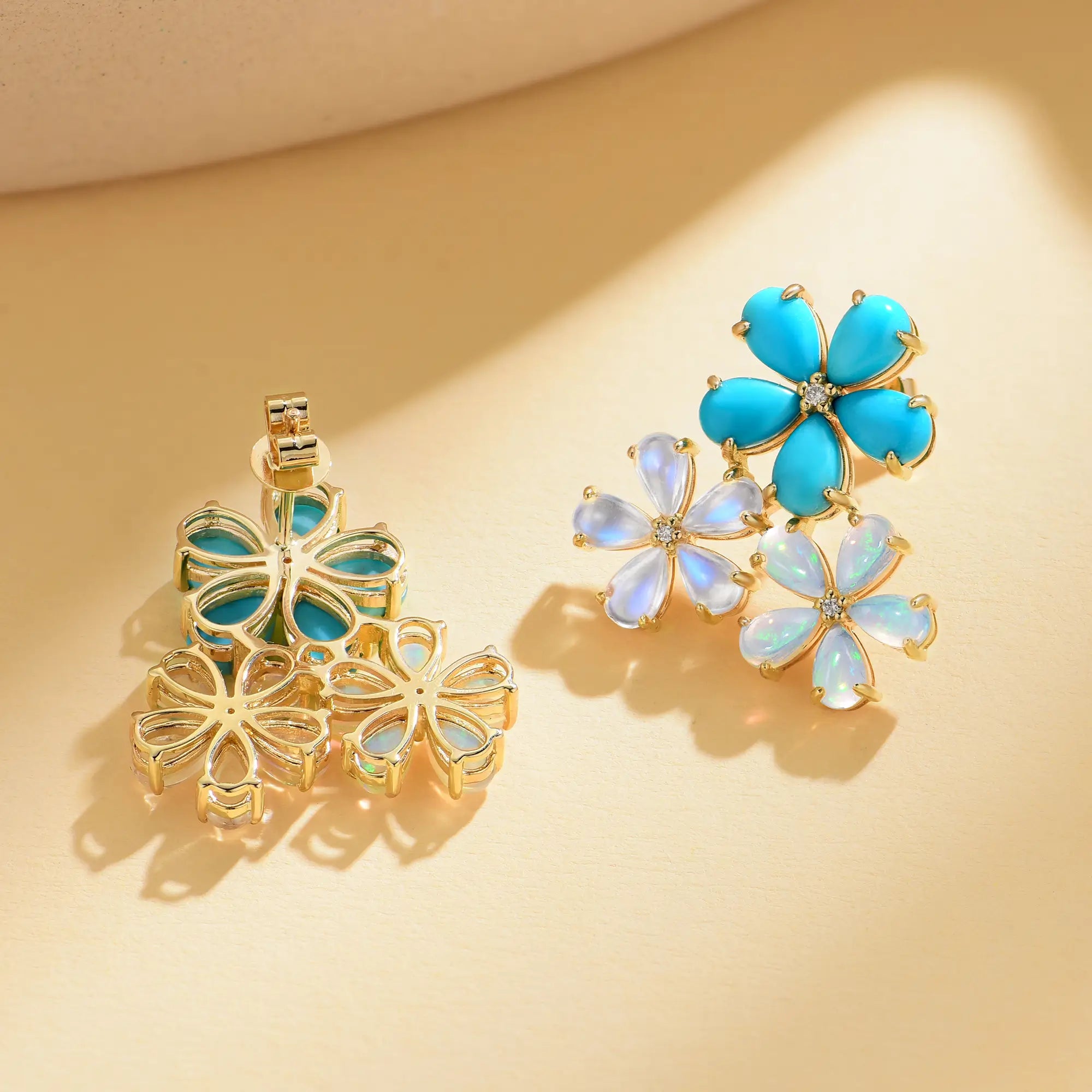 Natural Turquoise Moonstone Opal Diamond Flower Blossom Earrings 14K yellow gold