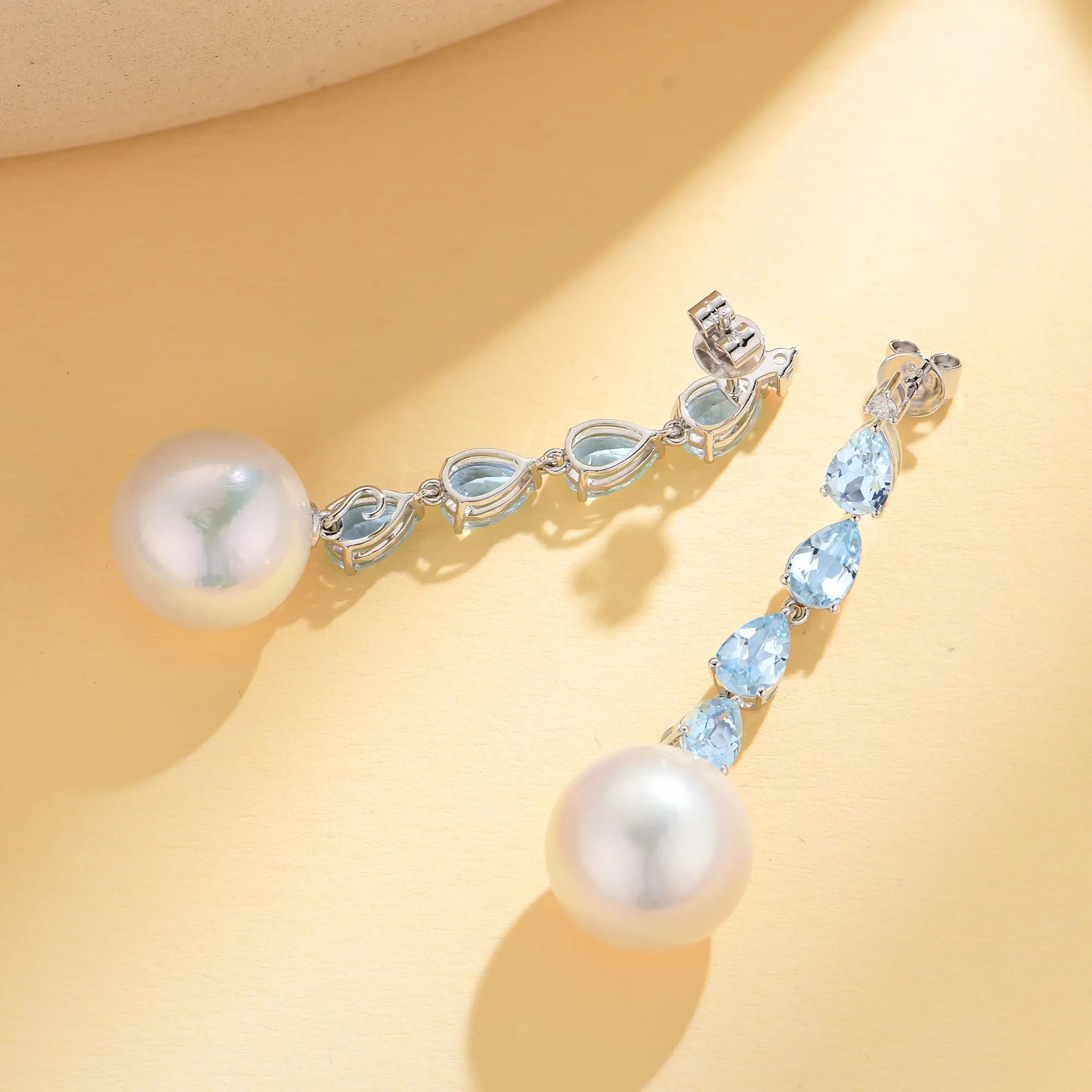 Natural Pear Cut Aquamarine Diamond and Baroque Pearl Drop Earrings in 18K Gold