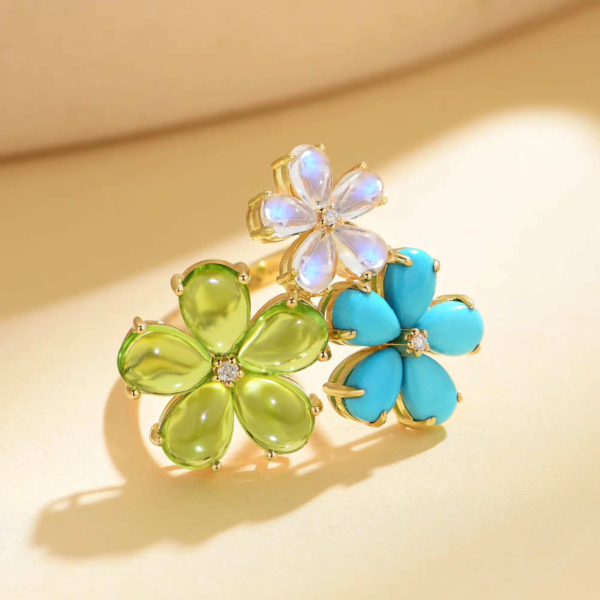 Natural Peridot Turquoise Moonstone Diamond Flower Blossom Cocktail Ring 14k yellow gold