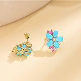 14k Yellow Gold Natural Turquoise Pink Sapphire Diamond Blossom Earrings