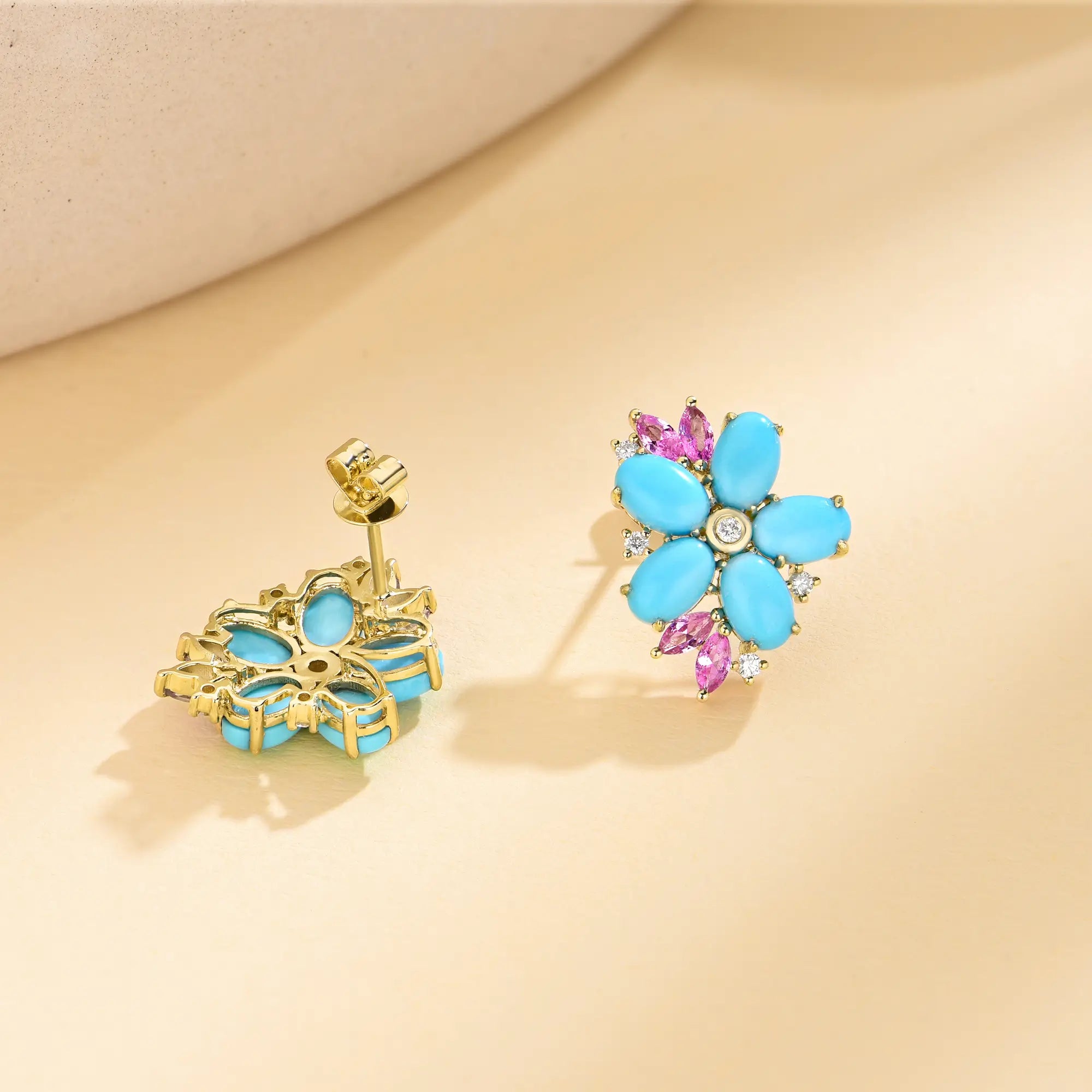 14k Yellow Gold Natural Turquoise Pink Sapphire Diamond Blossom Earrings