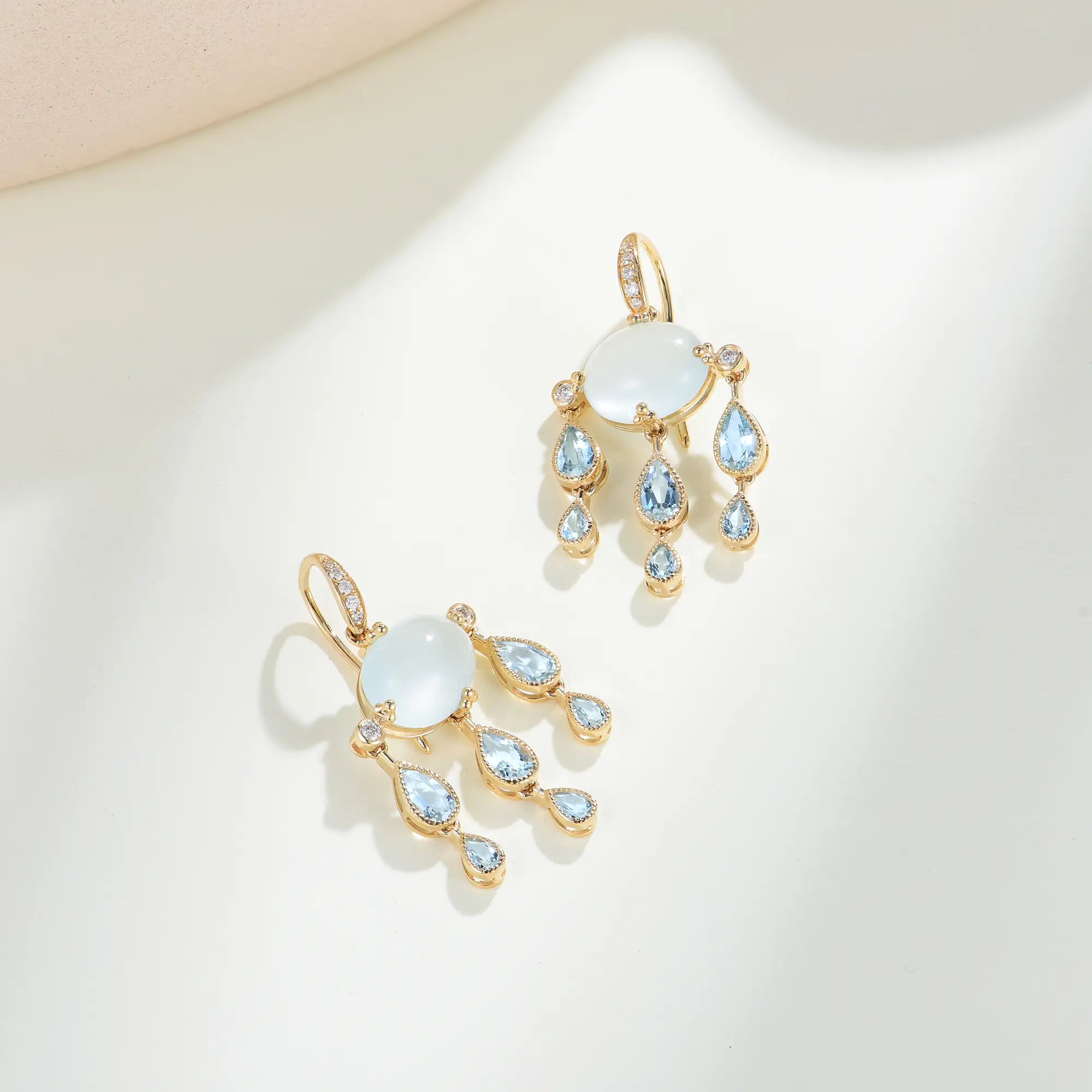Rainy Day Natural Aquamarine Diamond Chandelier Drop Earrings 14k yellow gold 