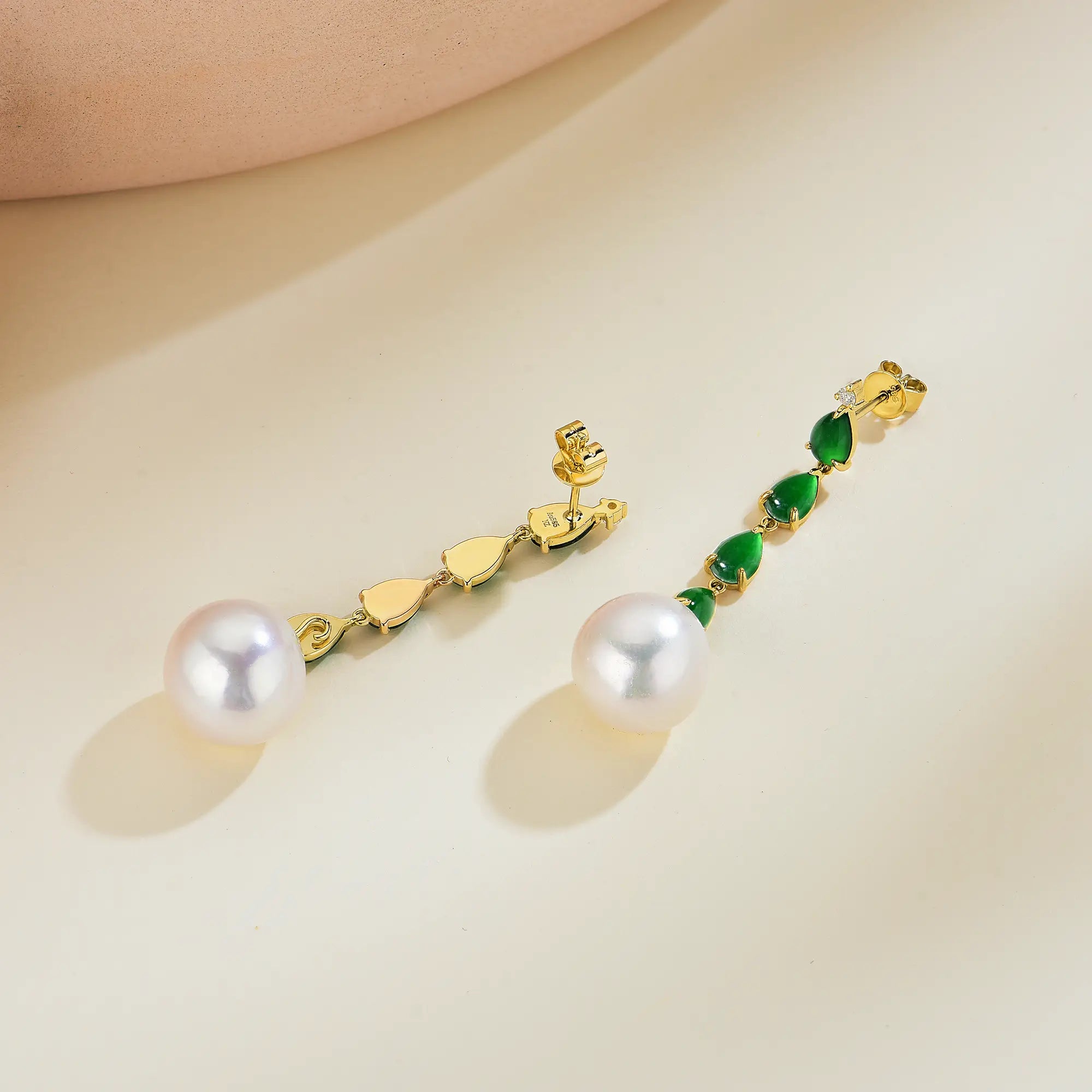 Rhythm Natural Jadeite Diamond and Pearl Drop Earrings 14k yellow gold