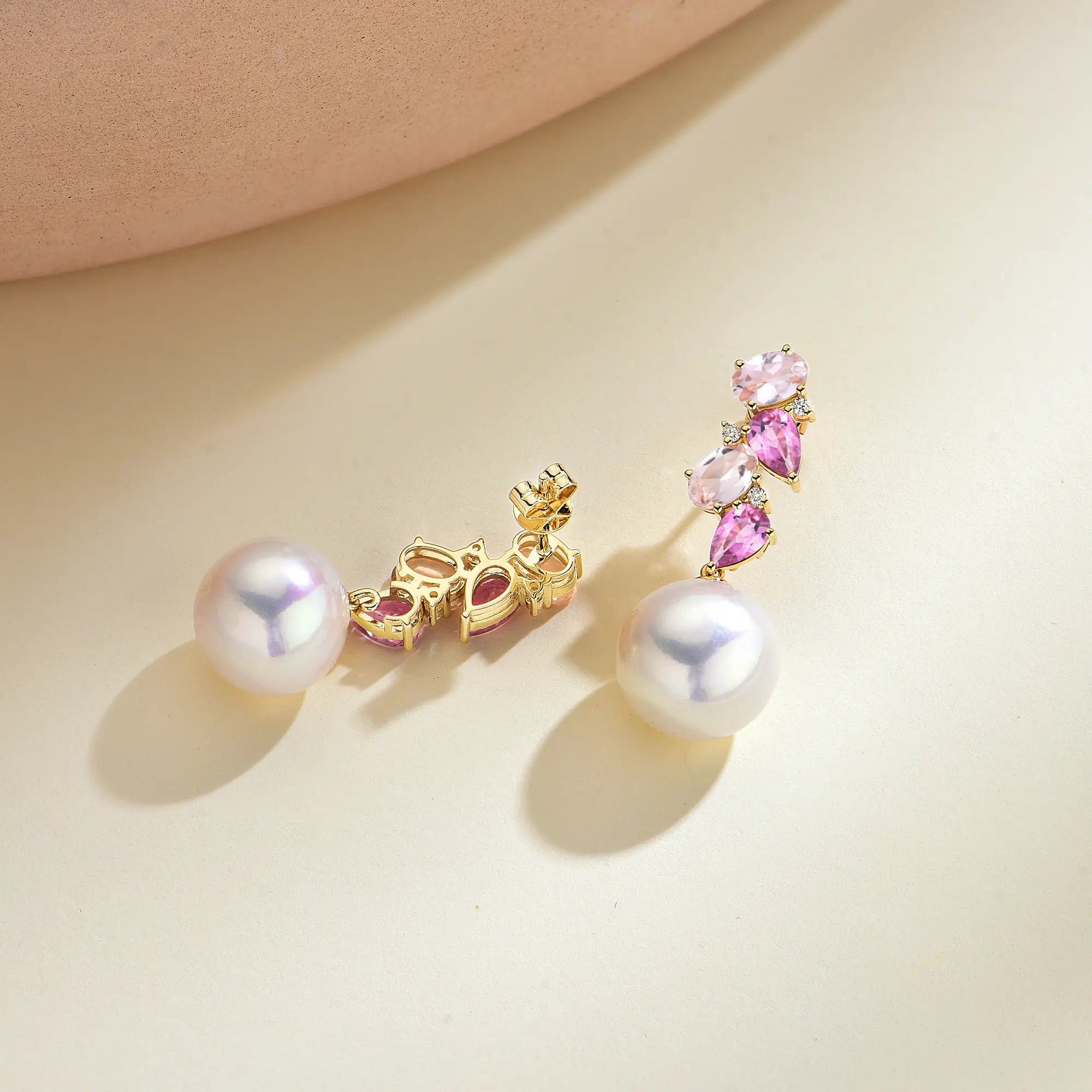 Nosa 14K Gold Natural Morganite, Pink Tourmaline and Diamond Pearl Drop Earrings