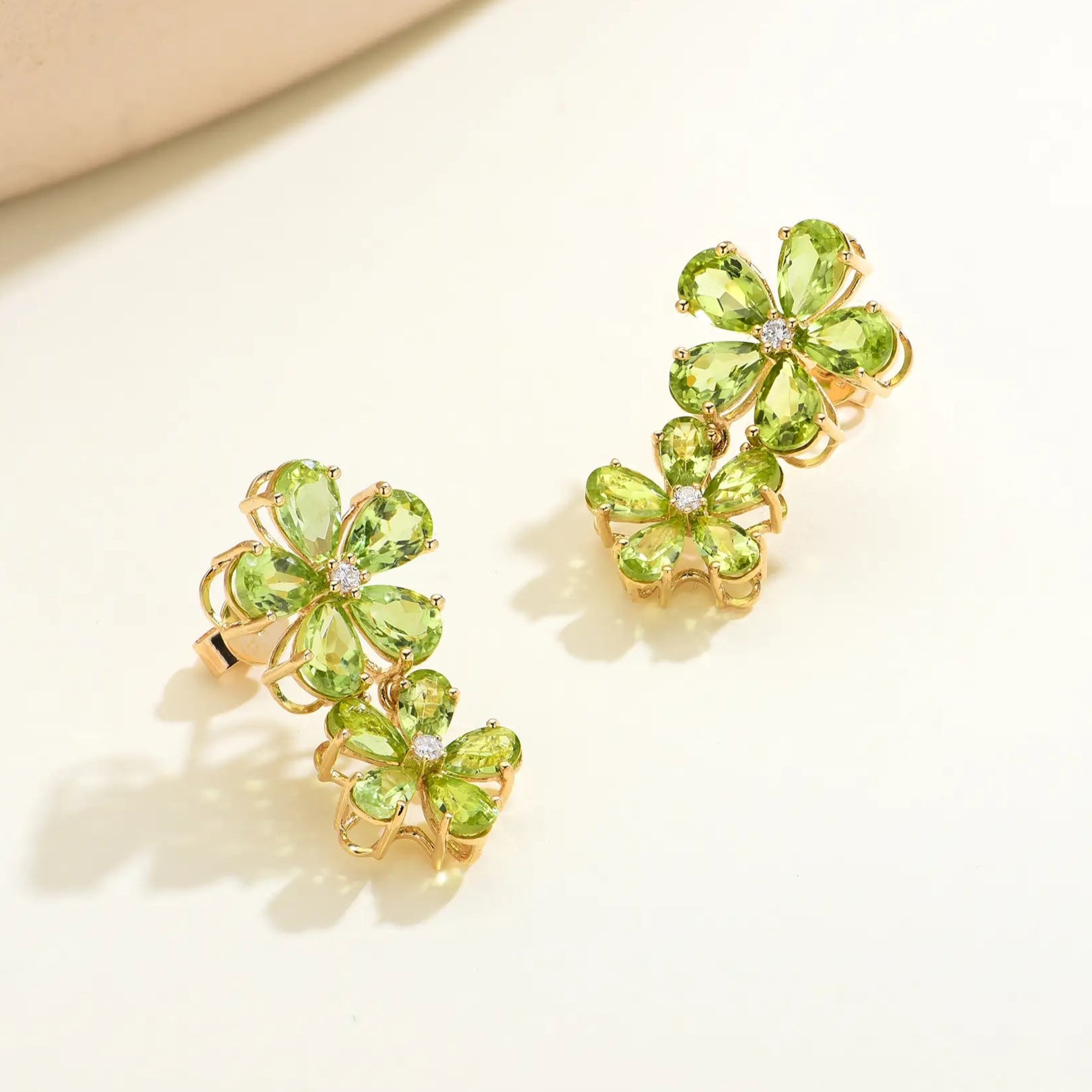 Peridot Diamond Double Blossom Drop Earrings 14k yellow gold 