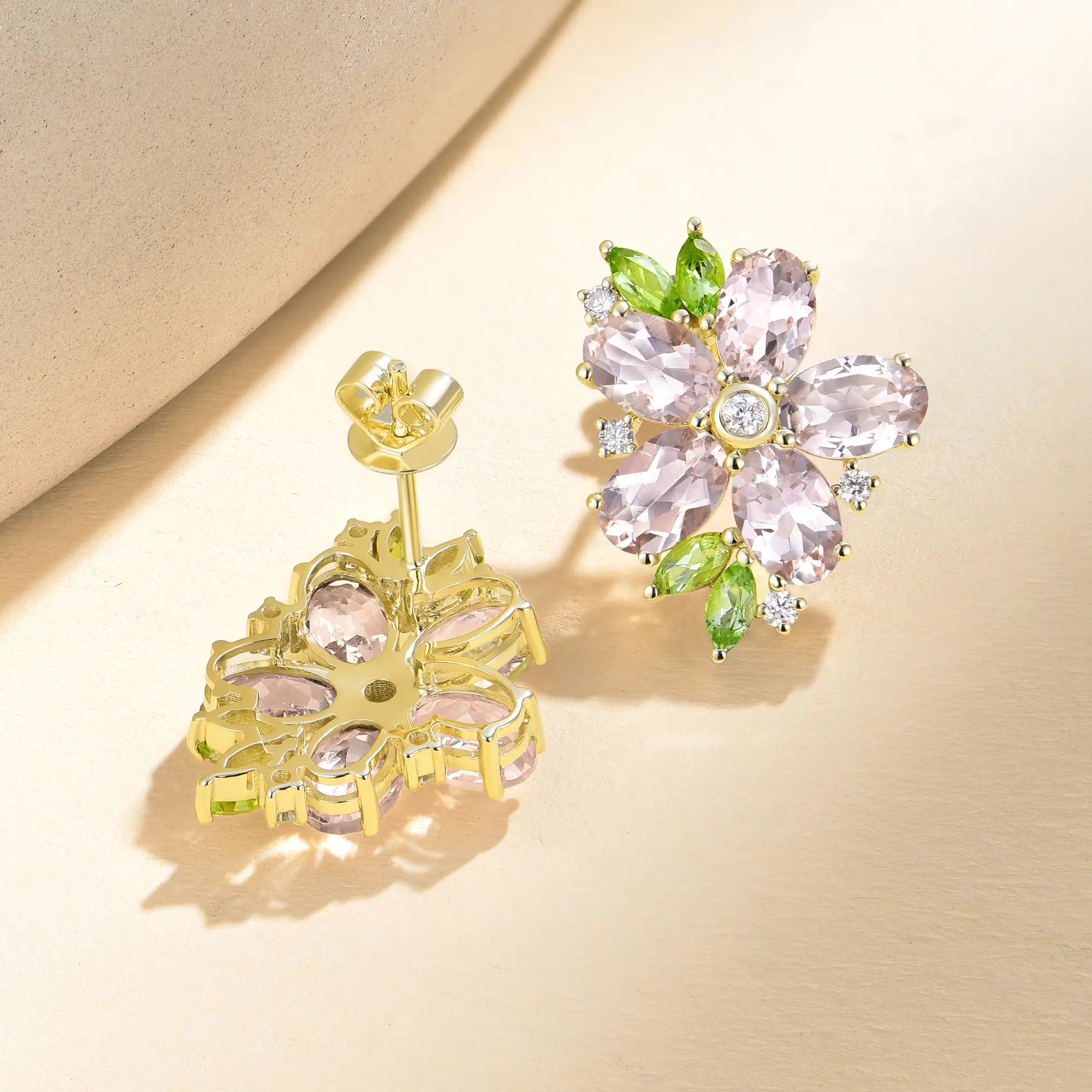 Nina Zhou Natural Morganite Peridot Diamond Blossom Earrings in 14k gold
