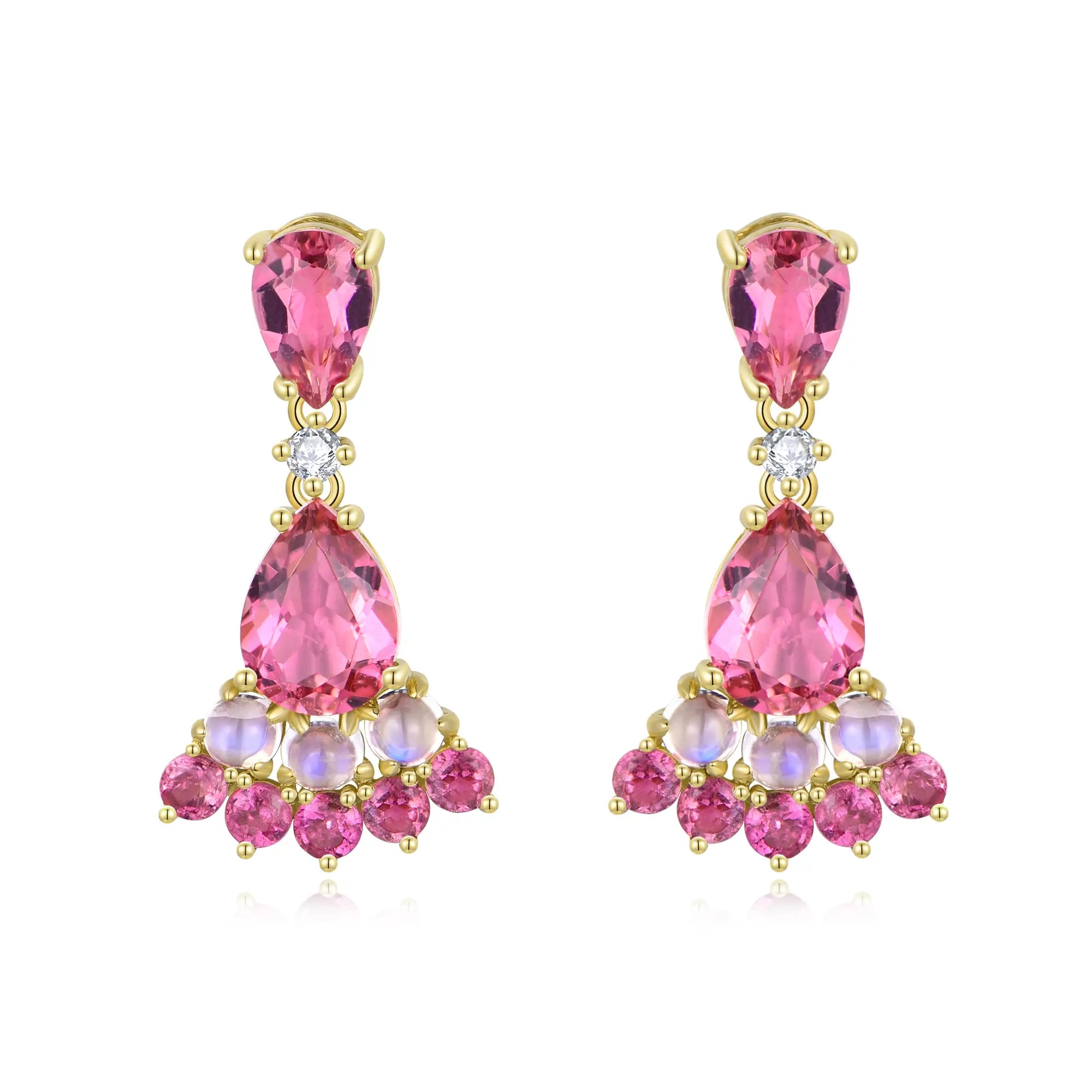 Natural Pink Tourmaline Moonstone Diamond Drop Earrings 14k yellow gold