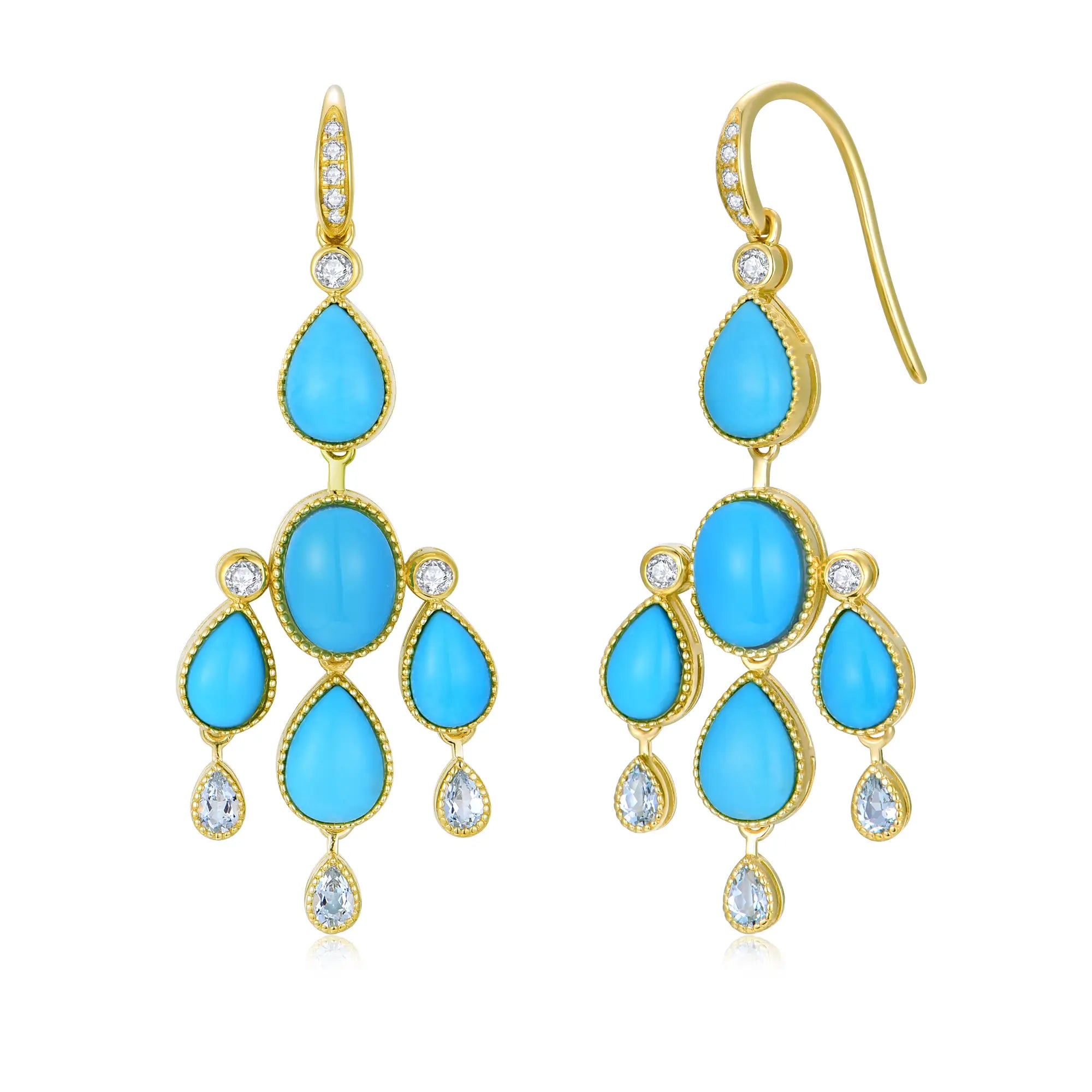 Natural Turquoise Aquamarine Diamond Chandelier Drop Earrings 14k yellow gold