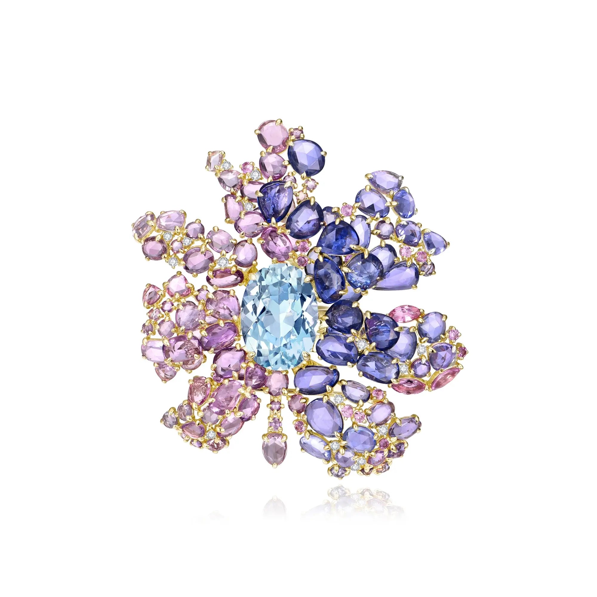 Nina Zhou Jewelry Floating Constellation 55ctw Sapphire, Aquamarine & Diamond Convertible Brooch-Ring in 14k gold (One Of A Kind)