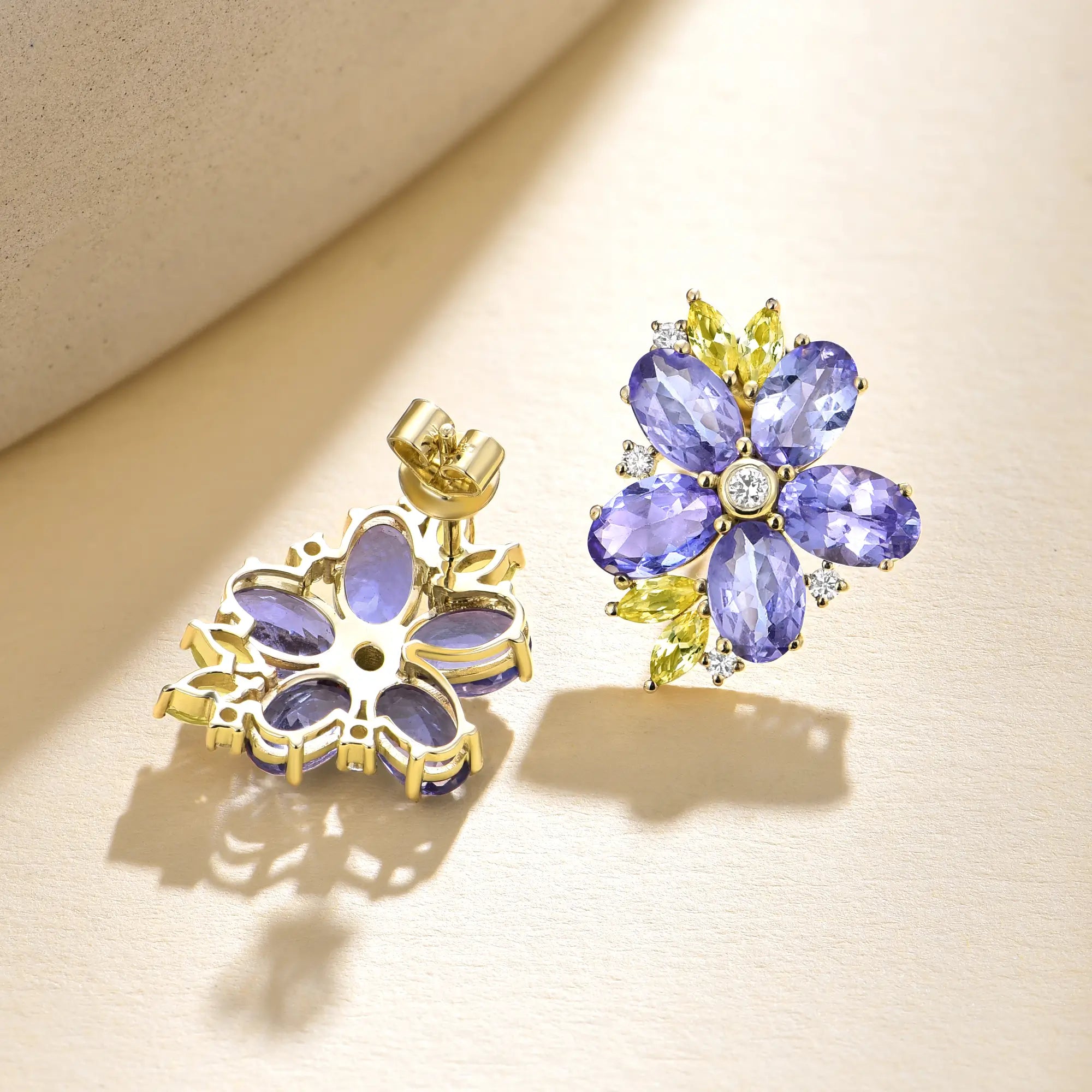 Nina Zhou Natural Tanzanite Yellow Sapphire Diamond Blossom Earrings in 14k gold