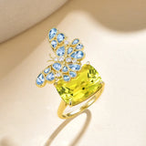Nina Zhou Natural 13.50ctw Aquamarine & Diamond Butterfly on Lemon Quartz Convertible Brooch-Ring in 14k gold