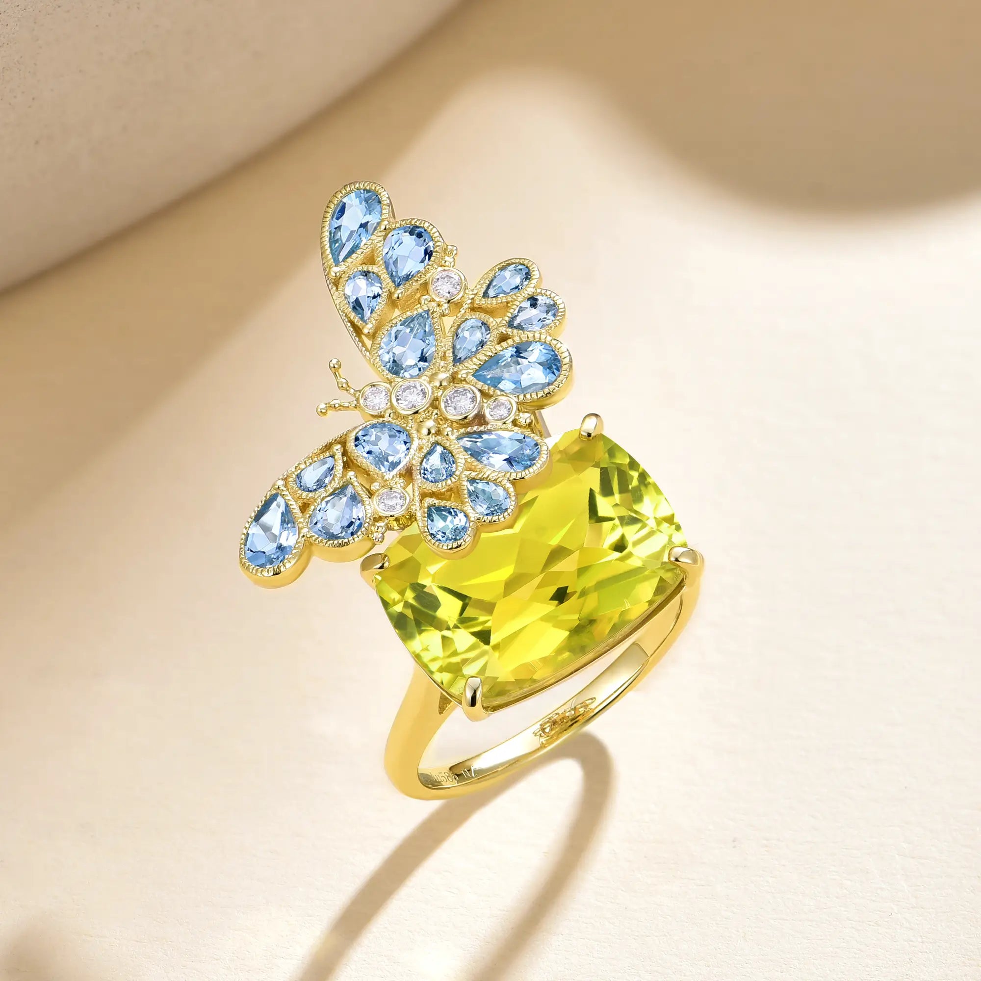 Nina Zhou Natural 13.50ctw Aquamarine & Diamond Butterfly on Lemon Quartz Convertible Brooch-Ring in 14k gold