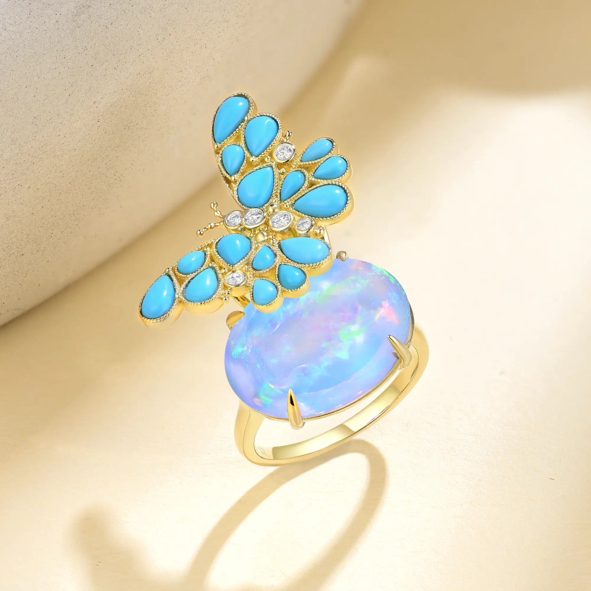Nina Zhou Jewelry One Of A Kind - Natural Turquoise Diamond Butterfly on Opal Ring in 14k yellow gold